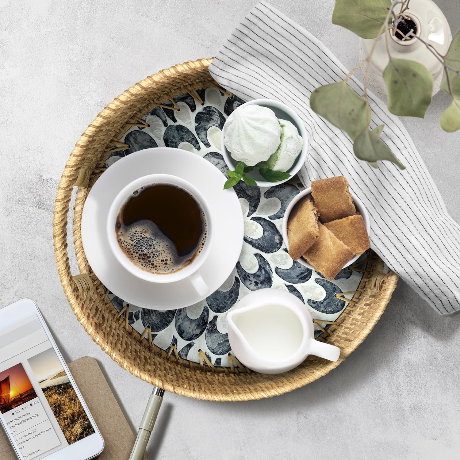 image:imageHOMESTEAD 100 Handmade Round Rattan Serving Tray with BuiltIn Handles and Mother of Pearl Inlay Rattan Tray Coffee Tray Decorative Wicker Tray for Home Decor