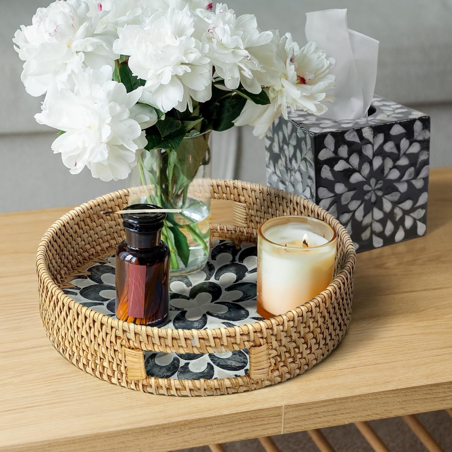 image:imageHOMESTEAD 100 Handmade Round Rattan Serving Tray with BuiltIn Handles and Mother of Pearl Inlay Rattan Tray Coffee Tray Decorative Wicker Tray for Home Decor