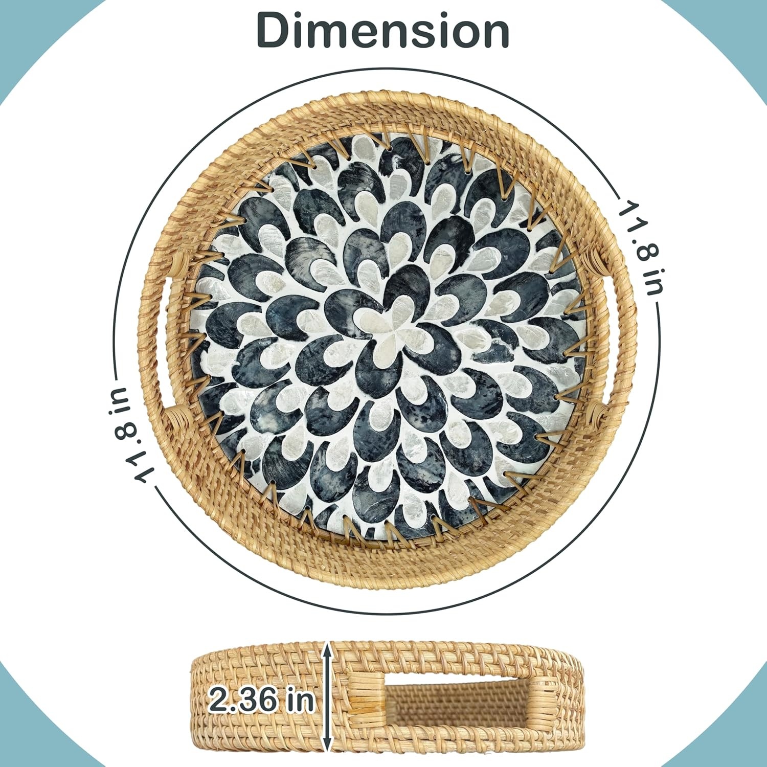 image:imageHOMESTEAD 100 Handmade Round Rattan Serving Tray with BuiltIn Handles and Mother of Pearl Inlay Rattan Tray Coffee Tray Decorative Wicker Tray for Home Decor