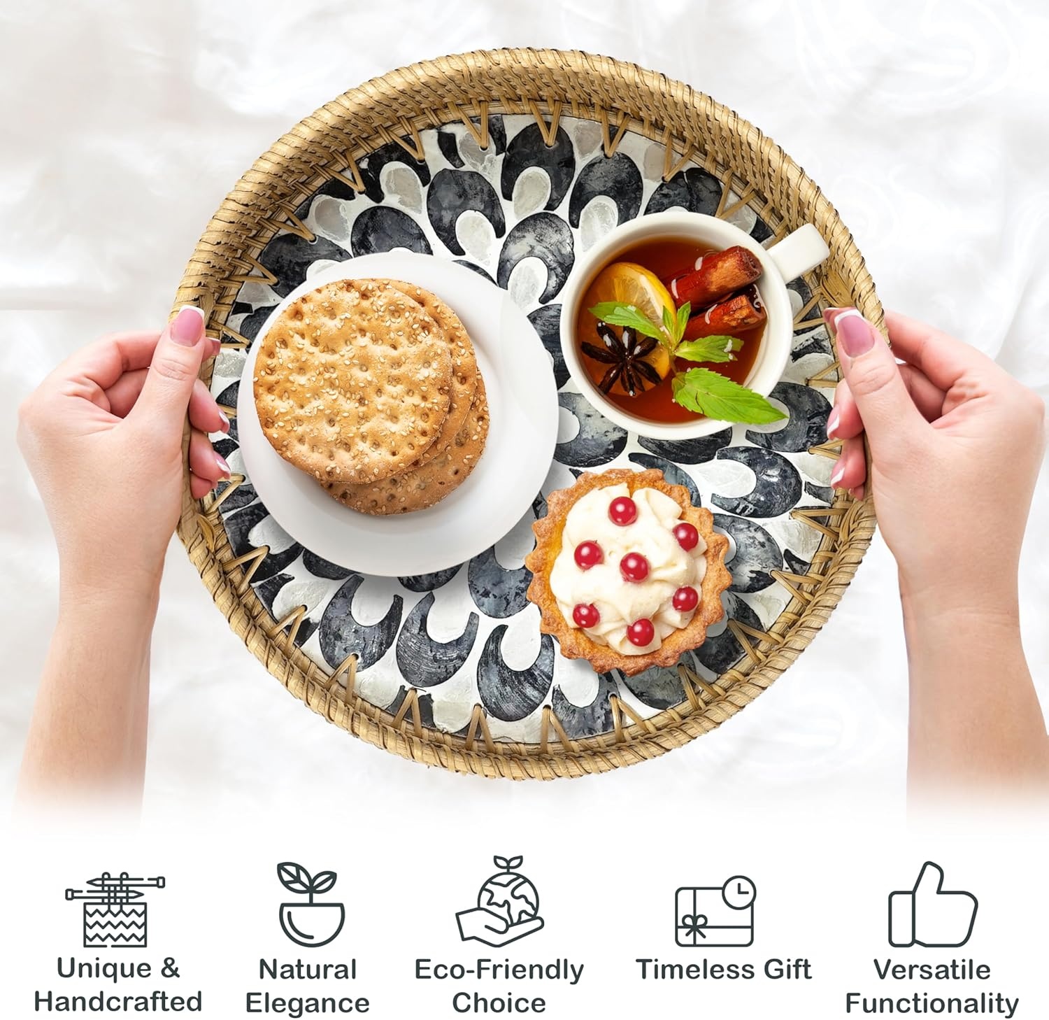 image:imageHOMESTEAD 100 Handmade Round Rattan Serving Tray with BuiltIn Handles and Mother of Pearl Inlay Rattan Tray Coffee Tray Decorative Wicker Tray for Home Decor