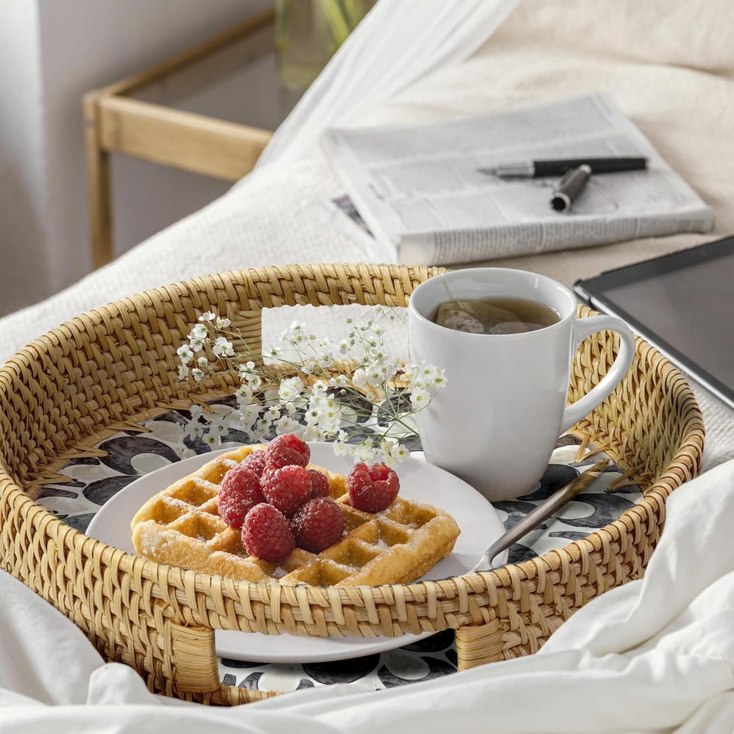 image:imageHOMESTEAD 100 Handmade Round Rattan Serving Tray with BuiltIn Handles and Mother of Pearl Inlay Rattan Tray Coffee Tray Decorative Wicker Tray for Home Decor