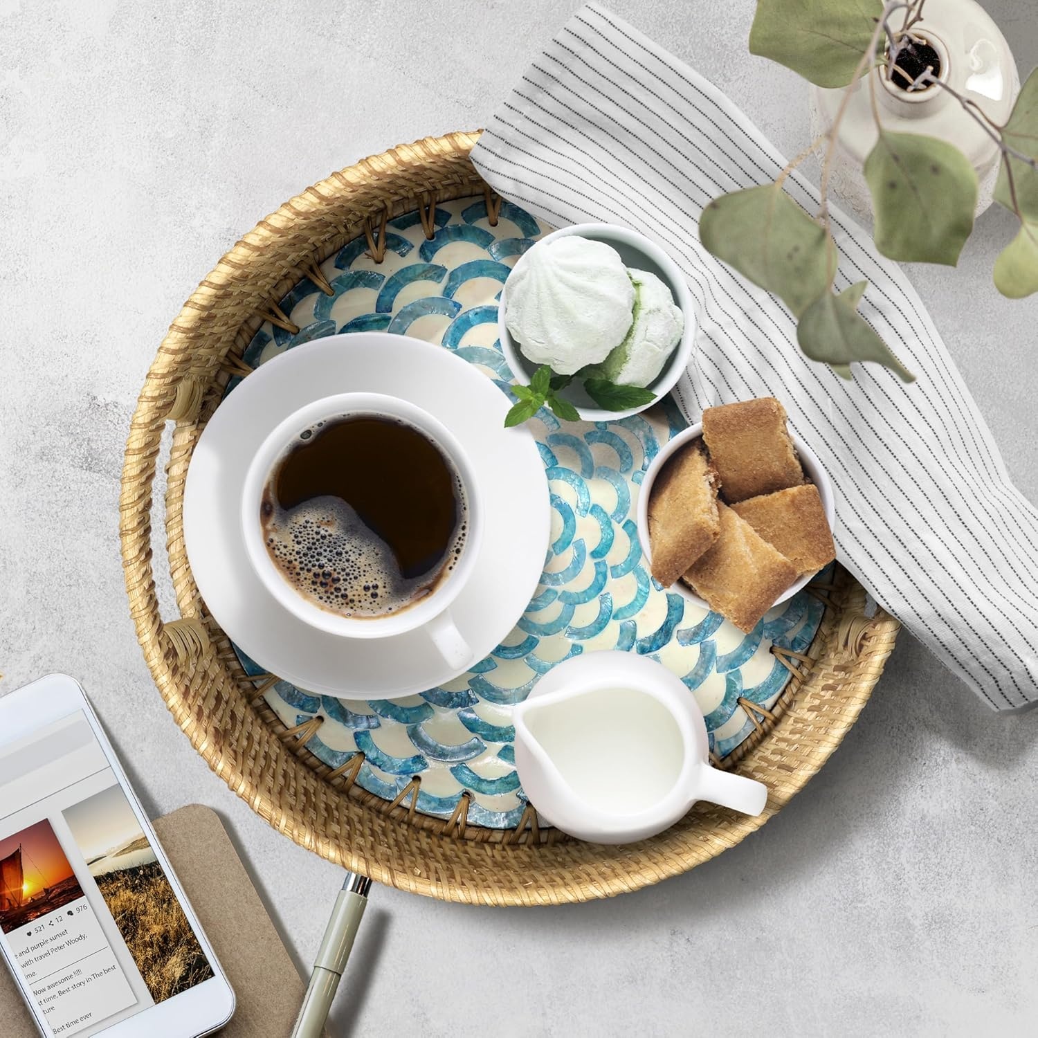 image:imageHOMESTEAD 100 Handmade Round Rattan Tray with BuiltIn Handles and Mother of Pearl Inlay Coffee Tray Rattan Serving Tray Decorative Wicker Tray for Home Decor