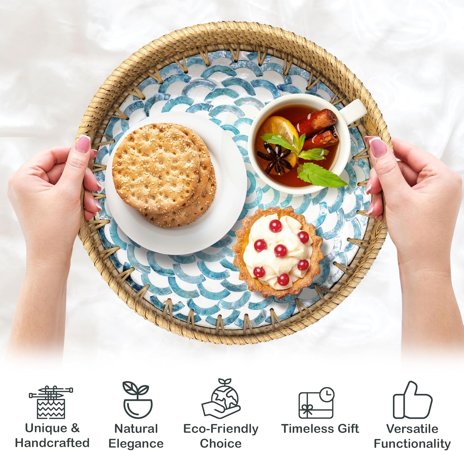 image:imageHOMESTEAD 100 Handmade Round Rattan Tray with BuiltIn Handles and Mother of Pearl Inlay Coffee Tray Rattan Serving Tray Decorative Wicker Tray for Home Decor