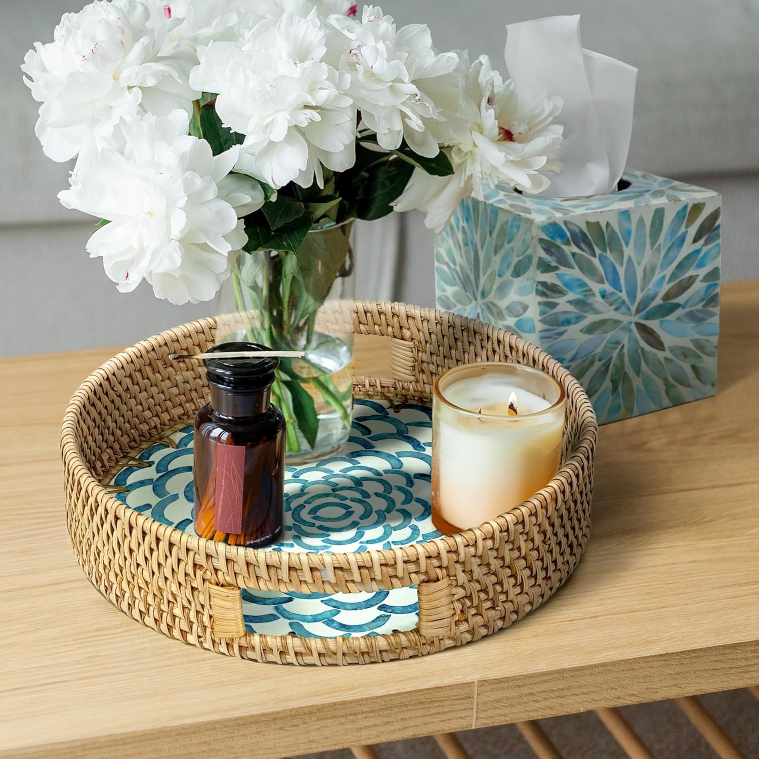 image:imageHOMESTEAD 100 Handmade Round Rattan Tray with BuiltIn Handles and Mother of Pearl Inlay Coffee Tray Rattan Serving Tray Decorative Wicker Tray for Home Decor