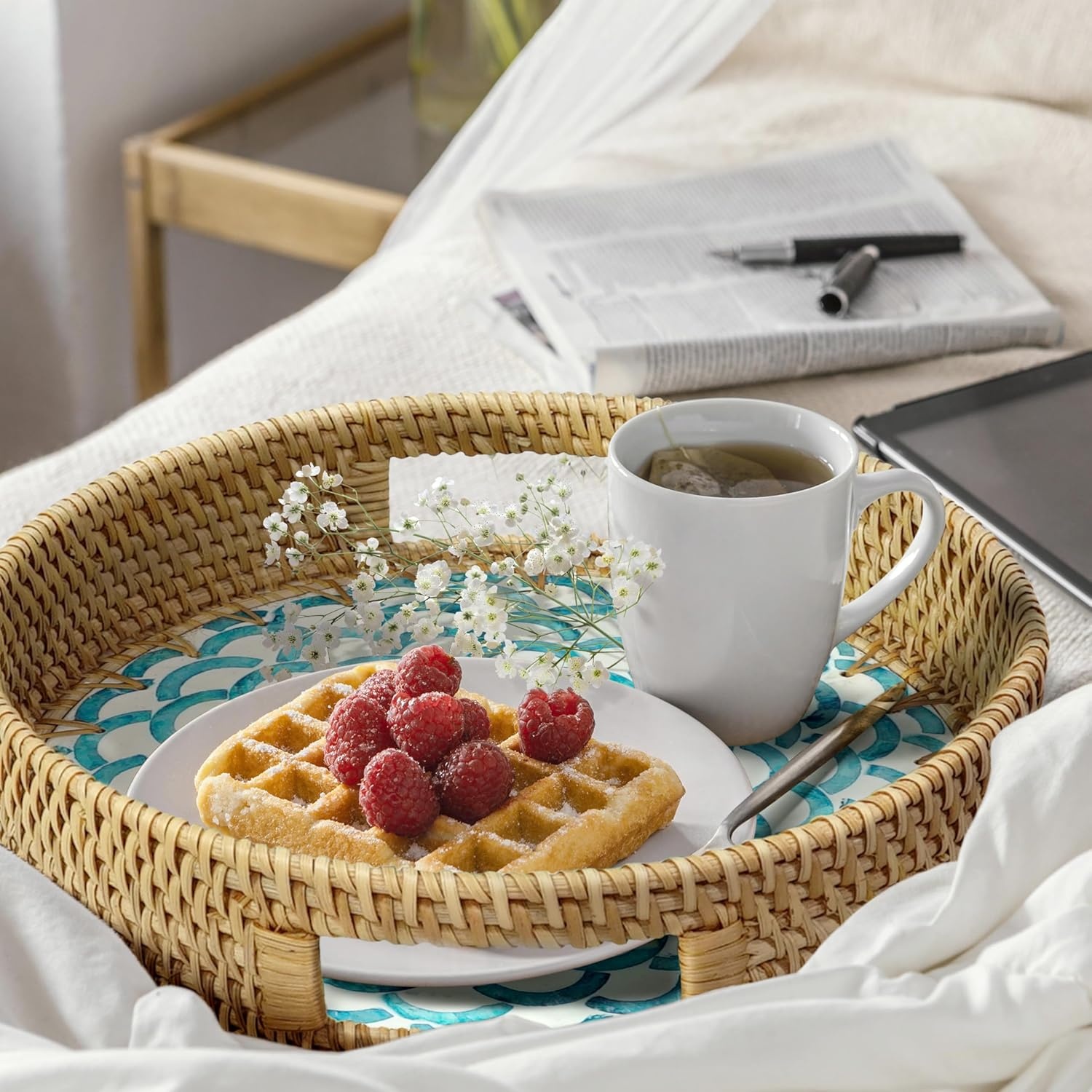 image:imageHOMESTEAD 100 Handmade Round Rattan Tray with BuiltIn Handles and Mother of Pearl Inlay Coffee Tray Rattan Serving Tray Decorative Wicker Tray for Home Decor