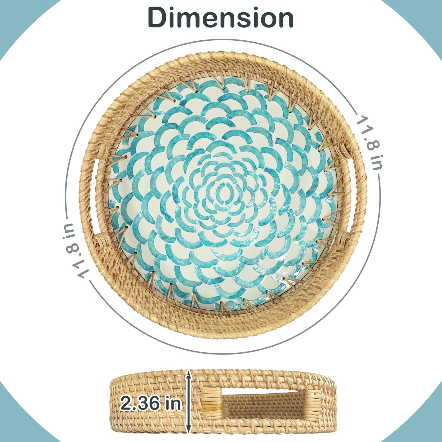 image:imageHOMESTEAD 100 Handmade Round Rattan Tray with BuiltIn Handles and Mother of Pearl Inlay Coffee Tray Rattan Serving Tray Decorative Wicker Tray for Home Decor