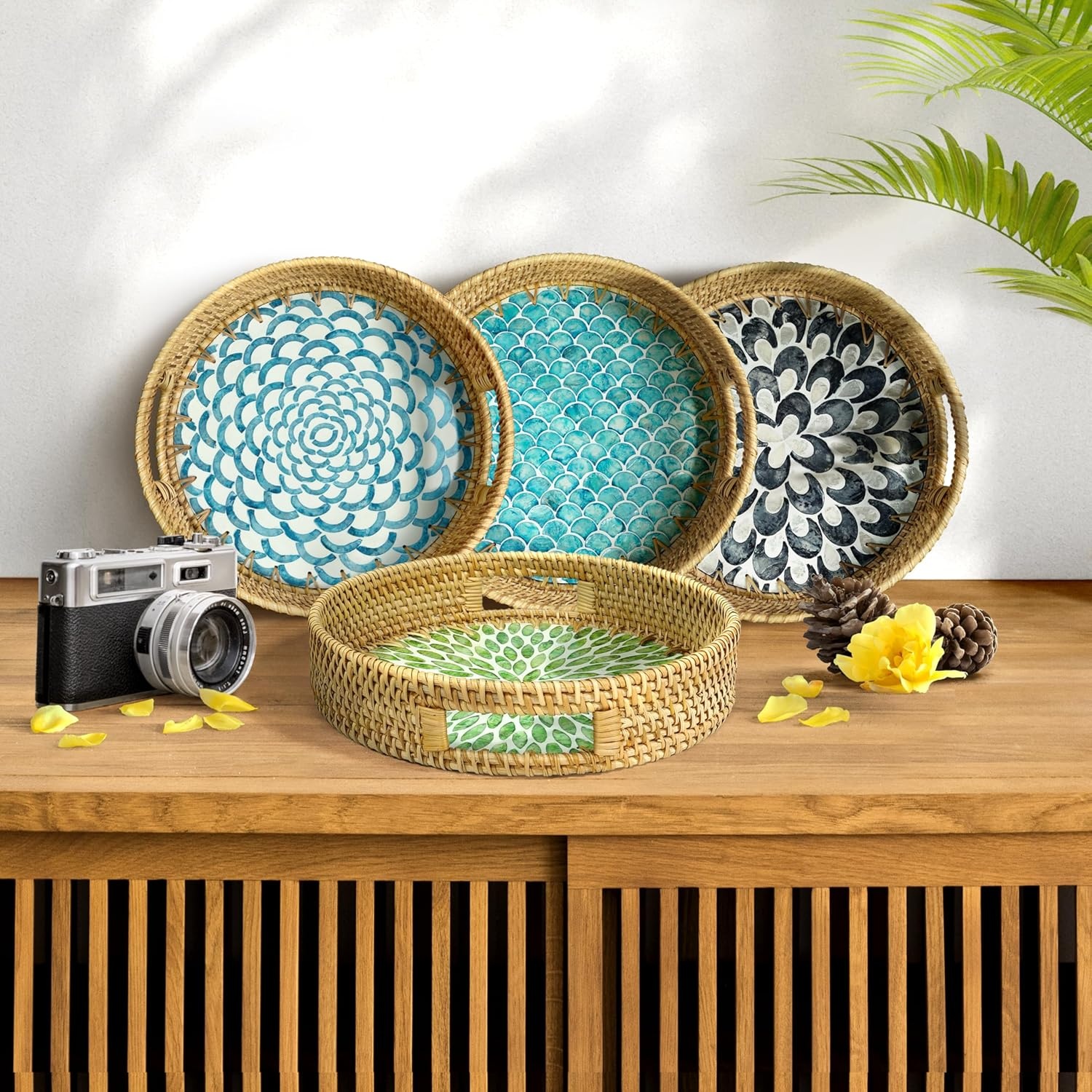 image:imageHOMESTEAD 100 Handmade Round Rattan Tray with BuiltIn Handles and Mother of Pearl Inlay Coffee Tray Rattan Serving Tray Decorative Wicker Tray for Home Decor