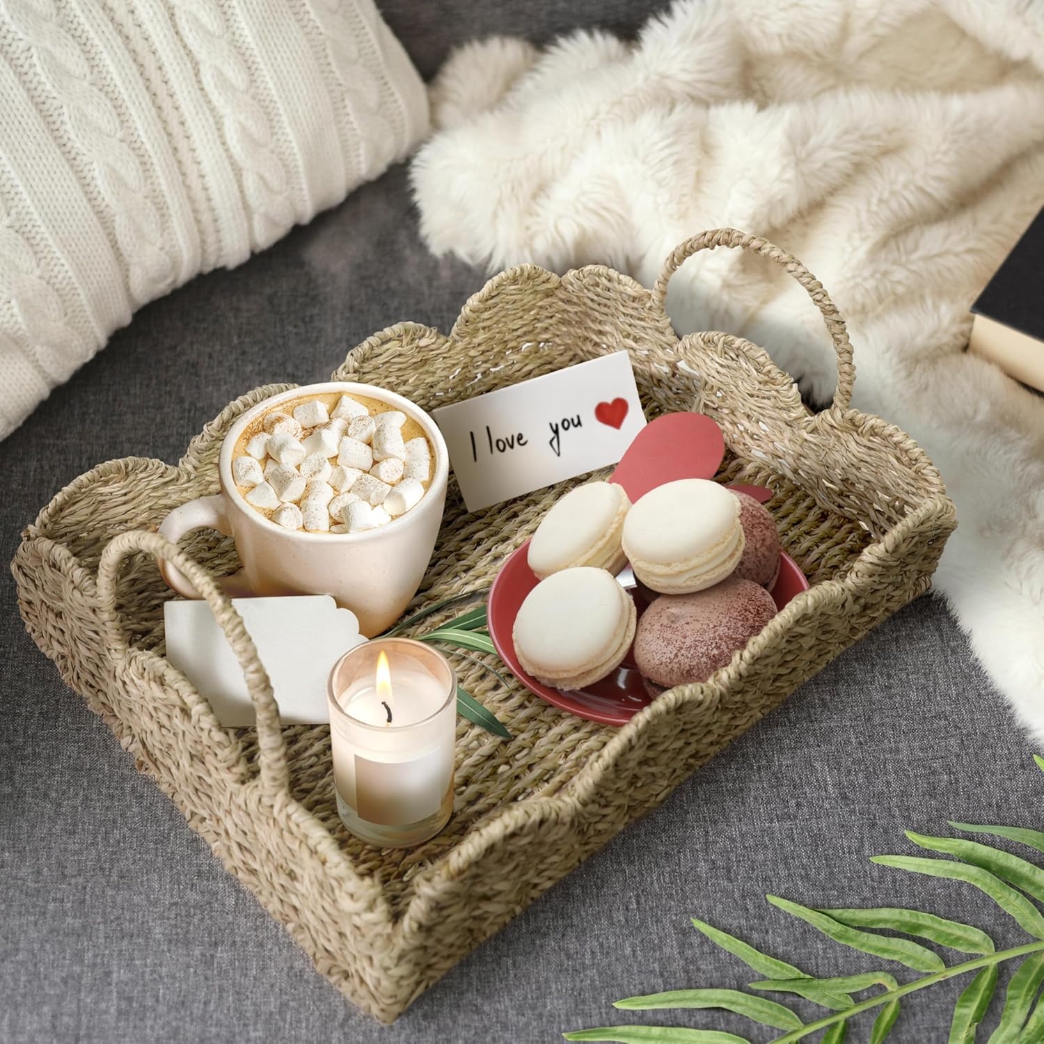 image:imageHOMESTEAD 100 Handmade Seagrass Scalloped Woven Tray with Handle Serving Tray Wicker Decor for Coffee Decoration Picnic Beach Fruits Table Decor Home Decor Kitchen Island Decor
