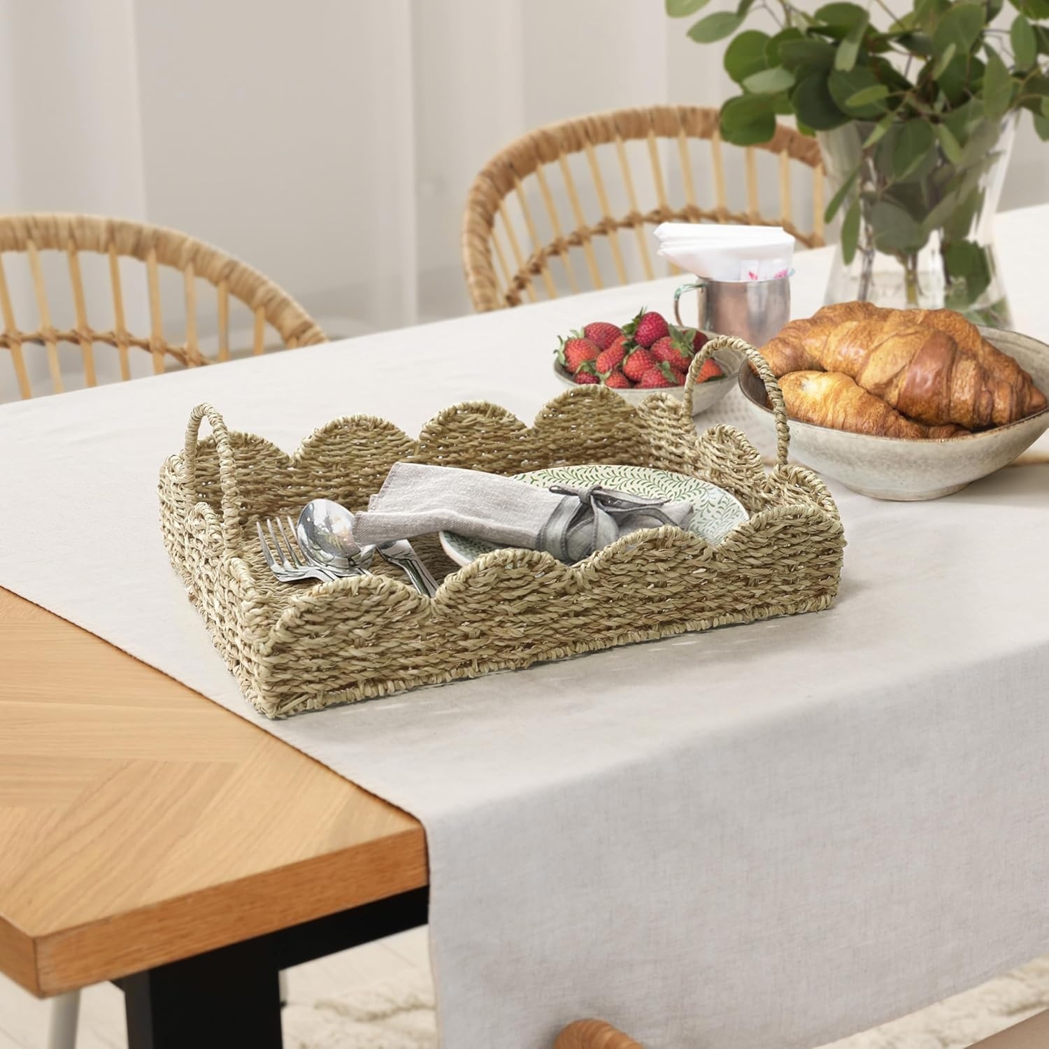 image:imageHOMESTEAD 100 Handmade Seagrass Scalloped Woven Tray with Handle Serving Tray Wicker Decor for Coffee Decoration Picnic Beach Fruits Table Decor Home Decor Kitchen Island Decor