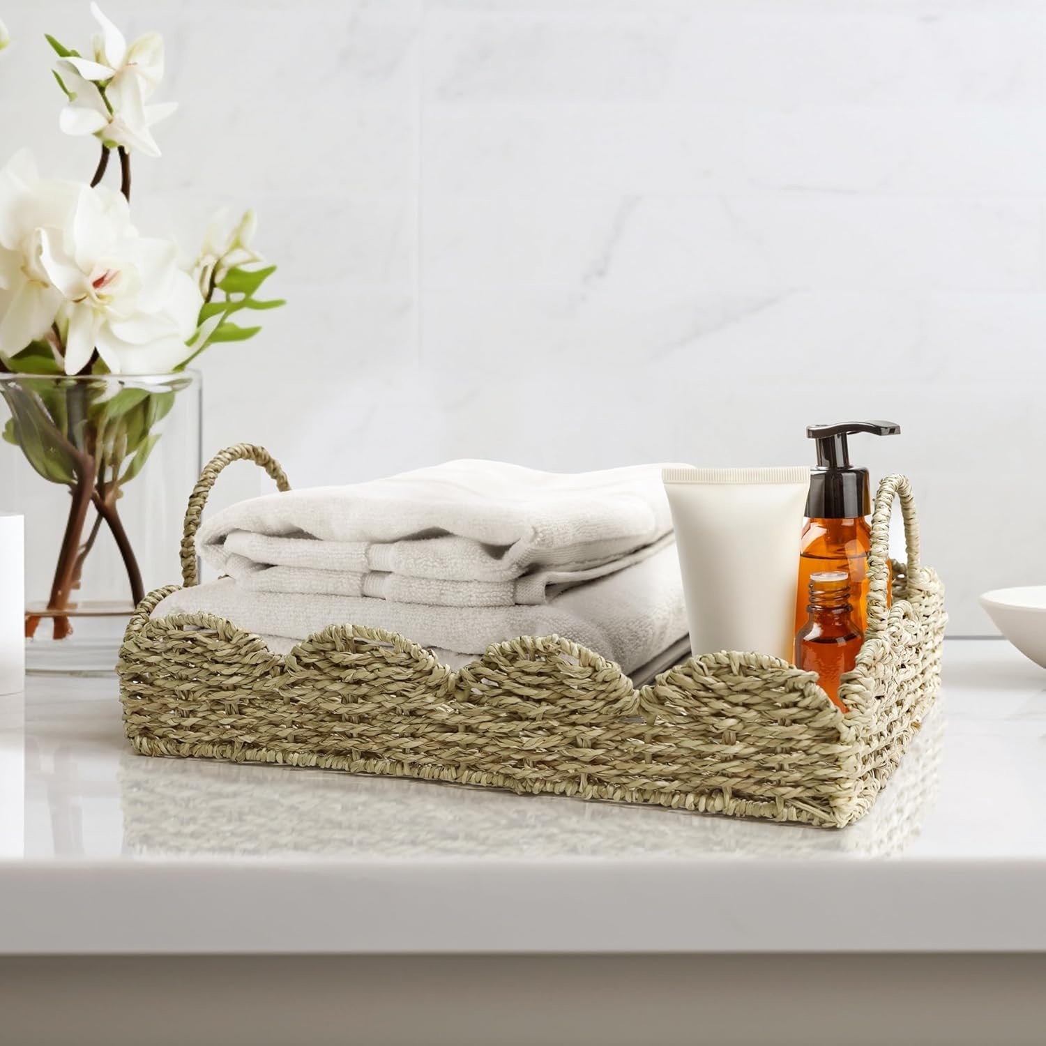 image:imageHOMESTEAD 100 Handmade Seagrass Scalloped Woven Tray with Handle Serving Tray Wicker Decor for Coffee Decoration Picnic Beach Fruits Table Decor Home Decor Kitchen Island Decor
