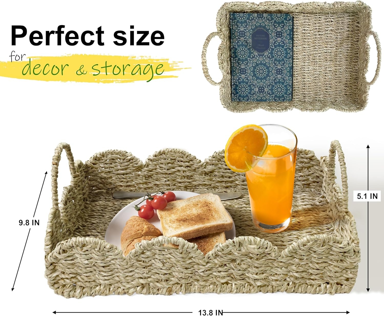 image:imageHOMESTEAD 100 Handmade Seagrass Scalloped Woven Tray with Handle Serving Tray Wicker Decor for Coffee Decoration Picnic Beach Fruits Table Decor Home Decor Kitchen Island Decor