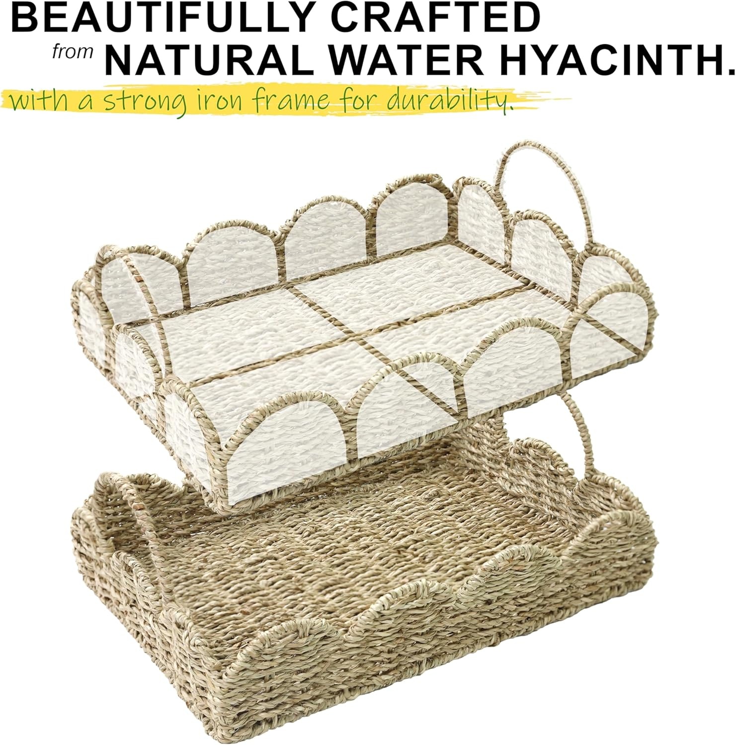 image:imageHOMESTEAD 100 Handmade Seagrass Scalloped Woven Tray with Handle Serving Tray Wicker Decor for Coffee Decoration Picnic Beach Fruits Table Decor Home Decor Kitchen Island Decor