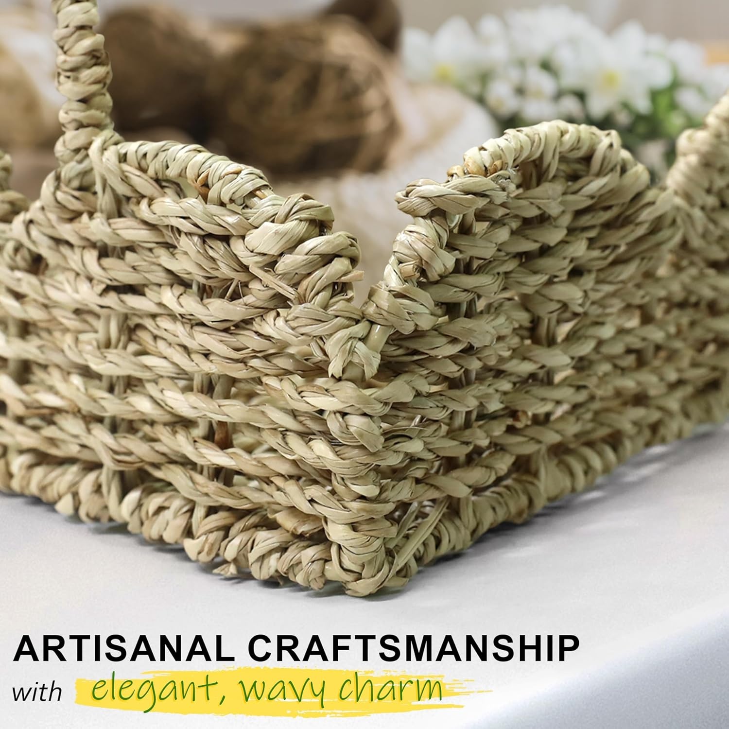image:imageHOMESTEAD 100 Handmade Seagrass Scalloped Woven Tray with Handle Serving Tray Wicker Decor for Coffee Decoration Picnic Beach Fruits Table Decor Home Decor Kitchen Island Decor