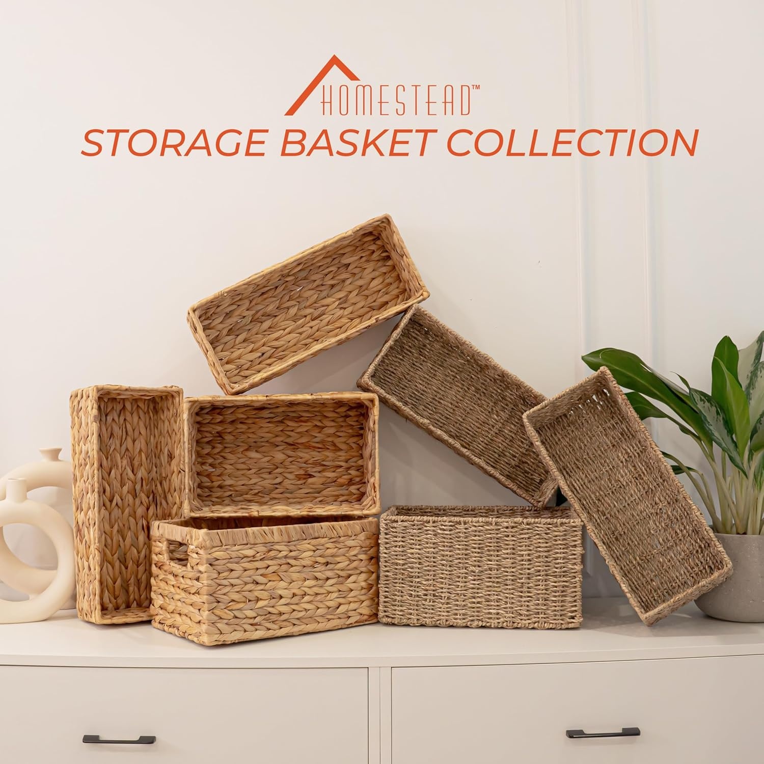 image:imageHOMESTEAD 2Pack Rectangular Seagrass Storage Baskets with BuiltIn Handles Handwoven Wicker Baskets for Pantry Shelf Closet amp Bathroom Organization 16 675 425 inSeagrass