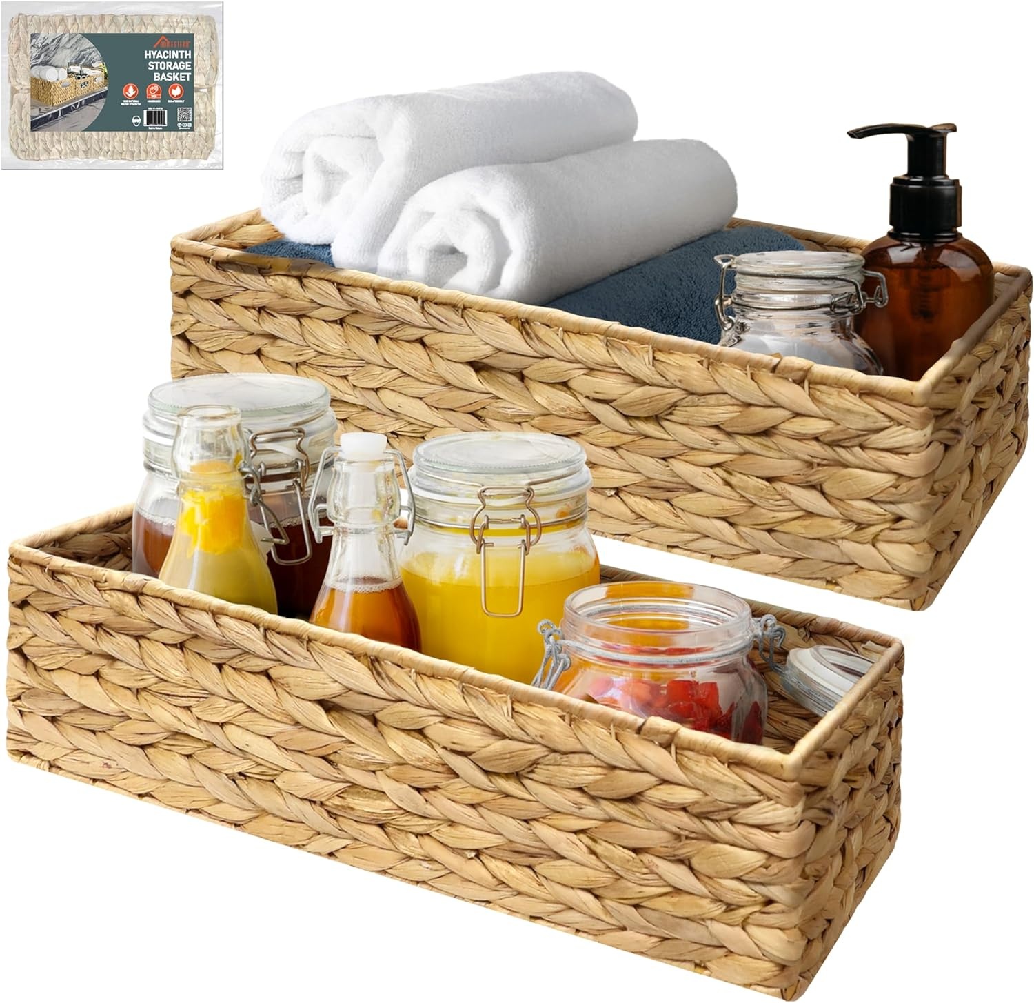 image:imageHOMESTEAD 2Pack Rectangular Seagrass Storage Baskets with BuiltIn Handles Handwoven Wicker Baskets for Pantry Shelf Closet amp Bathroom Organization 16 675 425 inWater Hyacinth