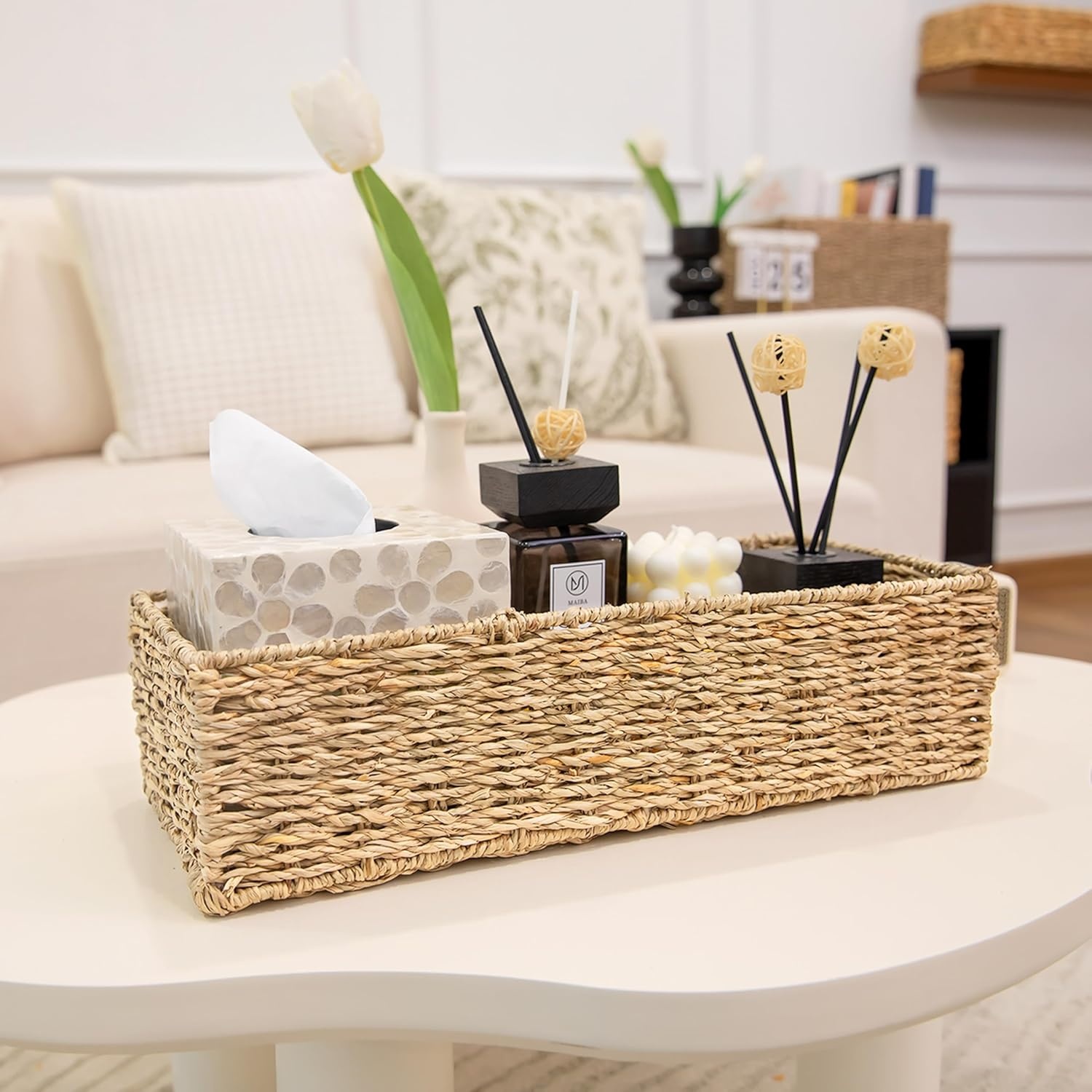 image:imageHOMESTEAD 2Pack Rectangular Seagrass Storage Baskets with BuiltIn Handles Handwoven Wicker Baskets for Pantry Shelf Closet amp Bathroom Organization 16 675 425 inSeagrass