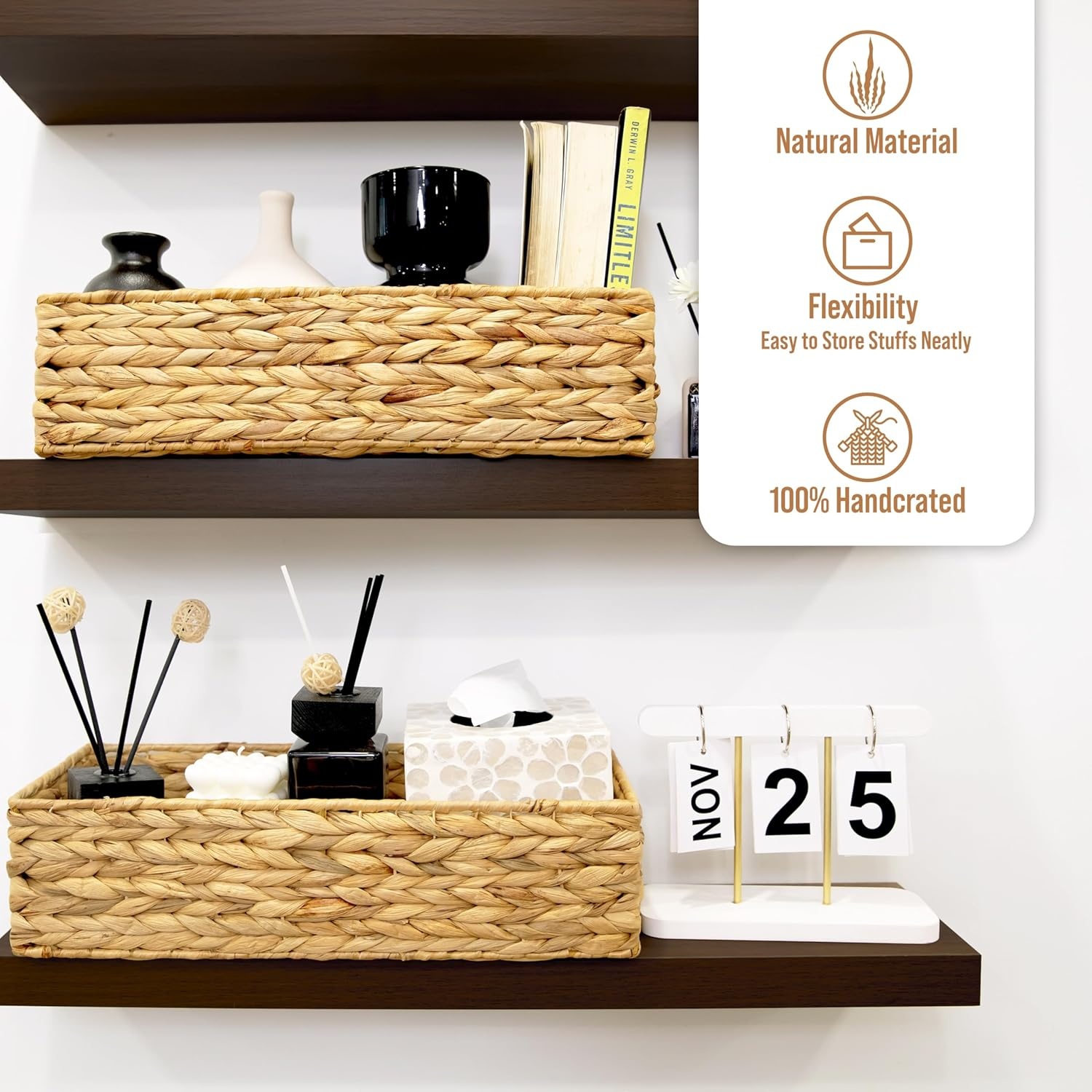 image:imageHOMESTEAD 2Pack Rectangular Seagrass Storage Baskets with BuiltIn Handles Handwoven Wicker Baskets for Pantry Shelf Closet amp Bathroom Organization 16 675 425 inWater Hyacinth