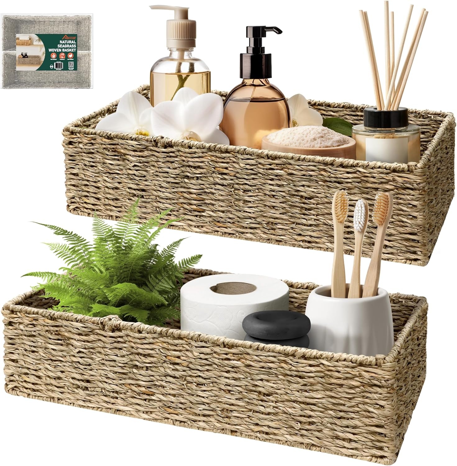 image:imageHOMESTEAD 2Pack Rectangular Seagrass Storage Baskets with BuiltIn Handles Handwoven Wicker Baskets for Pantry Shelf Closet amp Bathroom Organization 16 675 425 inSeagrass