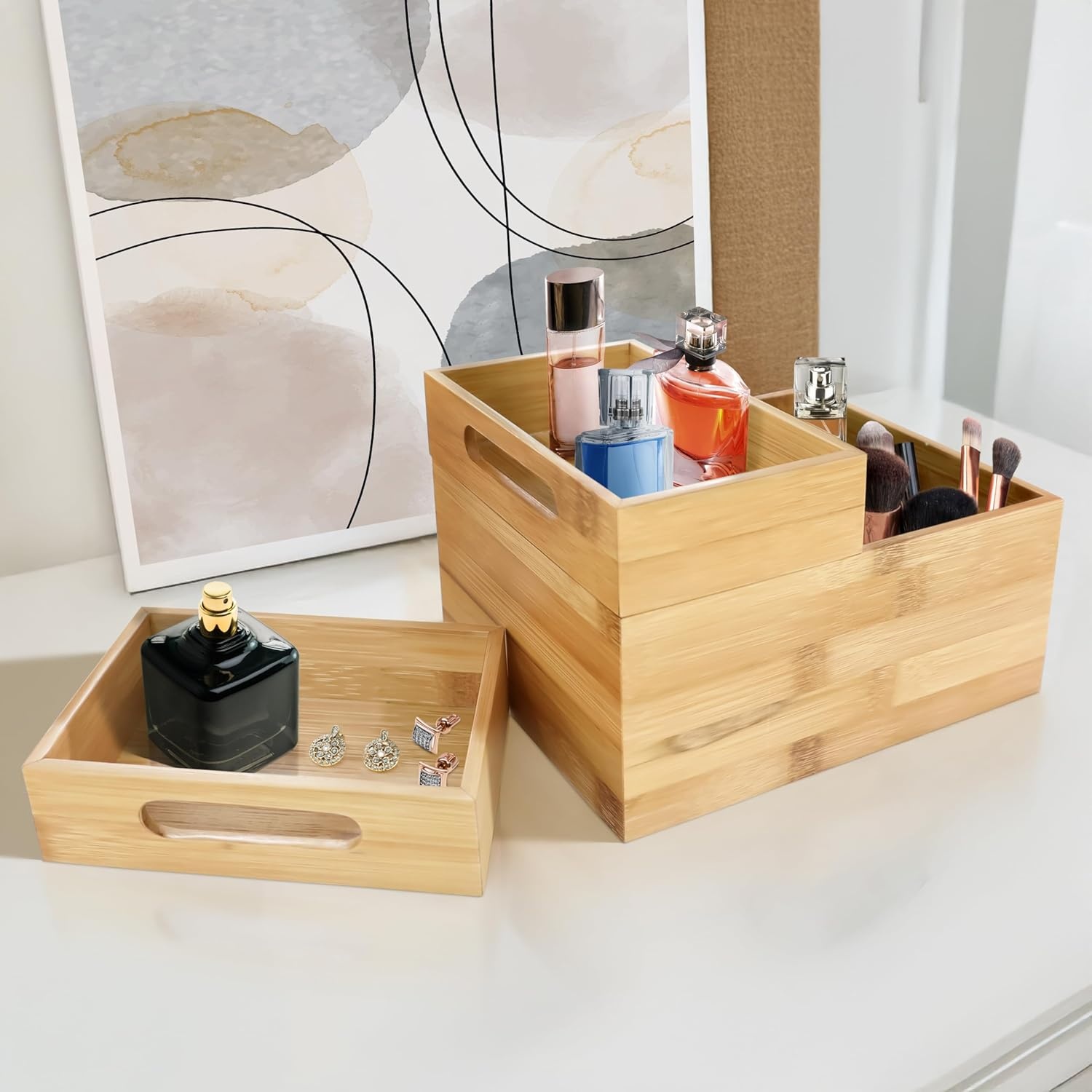 image:imageHOMESTEAD 3Piece Stackable Bamboo Storage Box Office Desk Organizer Wooden Boxes for Makeup Drawer Organizer Bathroom Office Supplies Kitchen Utensils Bamboo Storage Containers Jewelry Tray