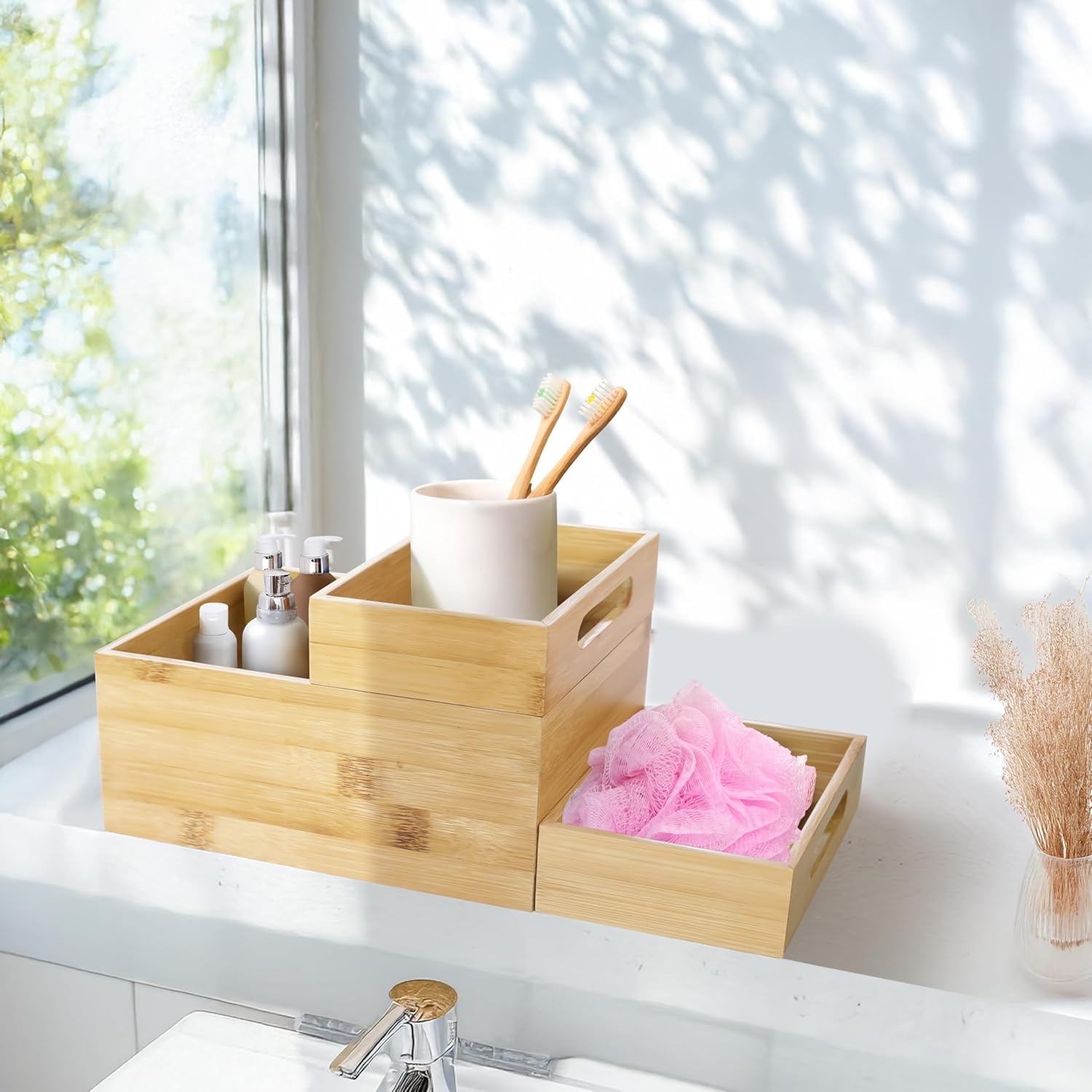 image:imageHOMESTEAD 3Piece Stackable Bamboo Storage Box Office Desk Organizer Wooden Boxes for Makeup Drawer Organizer Bathroom Office Supplies Kitchen Utensils Bamboo Storage Containers Jewelry Tray