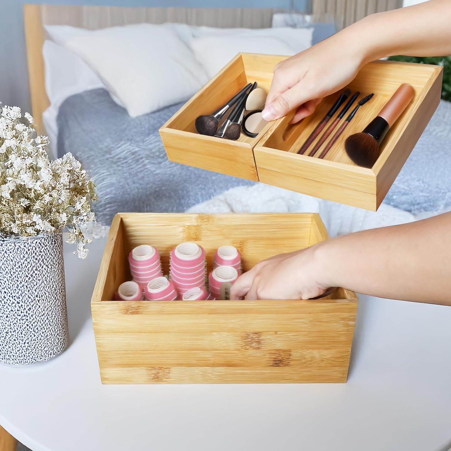 image:imageHOMESTEAD 3Piece Stackable Bamboo Storage Box Office Desk Organizer Wooden Boxes for Makeup Drawer Organizer Bathroom Office Supplies Kitchen Utensils Bamboo Storage Containers Jewelry Tray