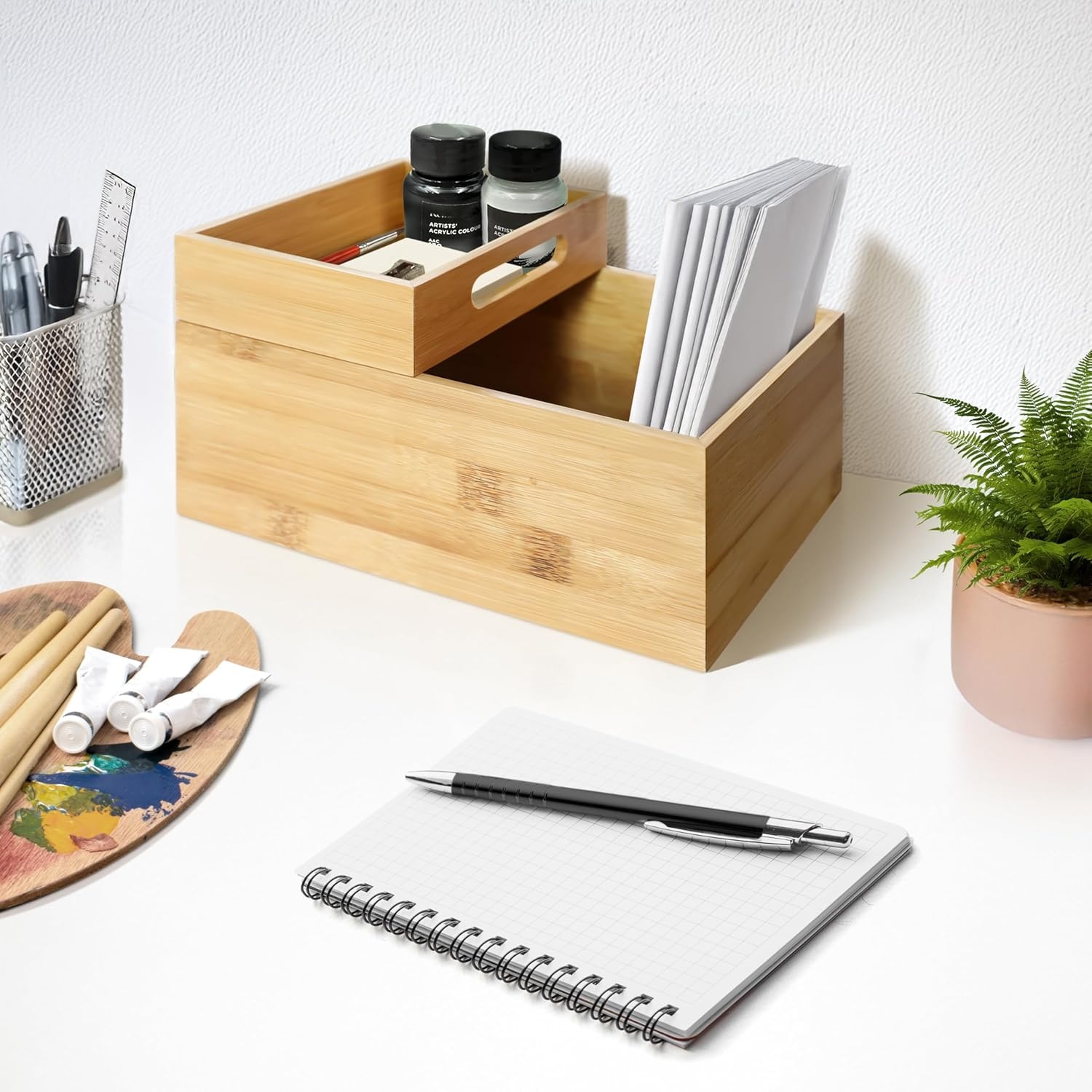 image:imageHOMESTEAD 3Piece Stackable Bamboo Storage Box Office Desk Organizer Wooden Boxes for Makeup Drawer Organizer Bathroom Office Supplies Kitchen Utensils Bamboo Storage Containers Jewelry Tray