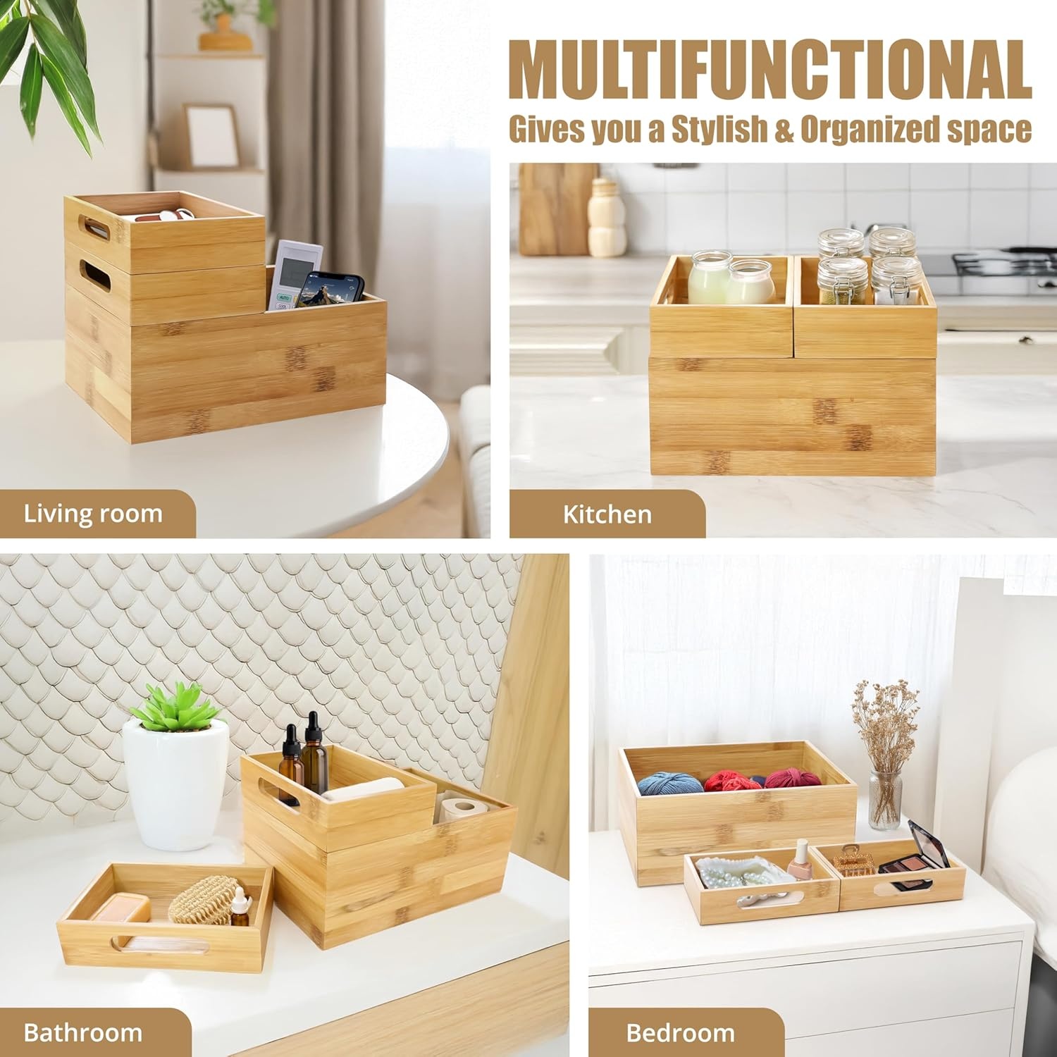 image:imageHOMESTEAD 3Piece Stackable Bamboo Storage Box Office Desk Organizer Wooden Boxes for Makeup Drawer Organizer Bathroom Office Supplies Kitchen Utensils Bamboo Storage Containers Jewelry Tray