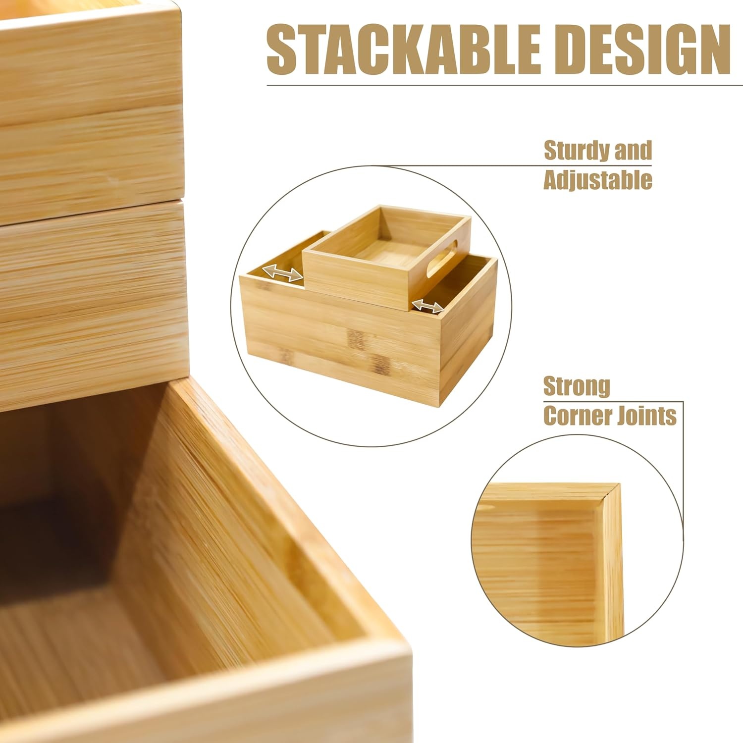 image:imageHOMESTEAD 3Piece Stackable Bamboo Storage Box Office Desk Organizer Wooden Boxes for Makeup Drawer Organizer Bathroom Office Supplies Kitchen Utensils Bamboo Storage Containers Jewelry Tray