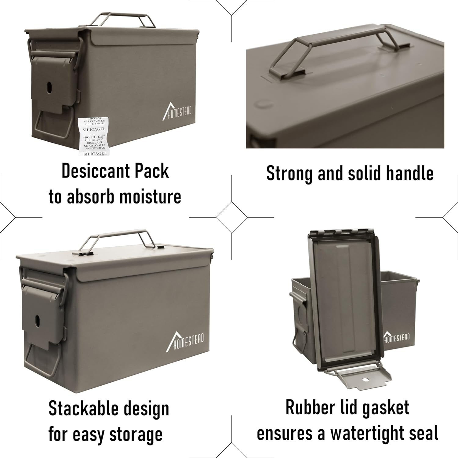 image:imageHOMESTEAD 50 Cal Metal Ammo Can 4 Pack M2A1 Military Steel Ammo Storage Box Airtight and WaterResistant Ammunition Dark Brown ColorDark Brown