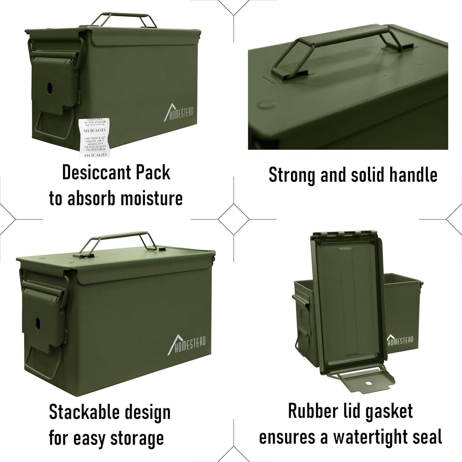 image:imageHOMESTEAD 50 Cal Metal Ammo Can 4 Pack M2A1 Military Steel Ammo Storage Box Airtight and WaterResistant Ammunition Dark Brown ColorGreen