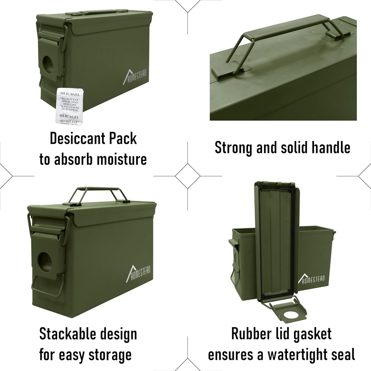 image:imageHOMESTEAD 50 Cal Metal Ammo Can 4 Pack M2A1 Military Steel Ammo Storage Box Airtight and WaterResistant Ammunition Dark Brown ColorGreen