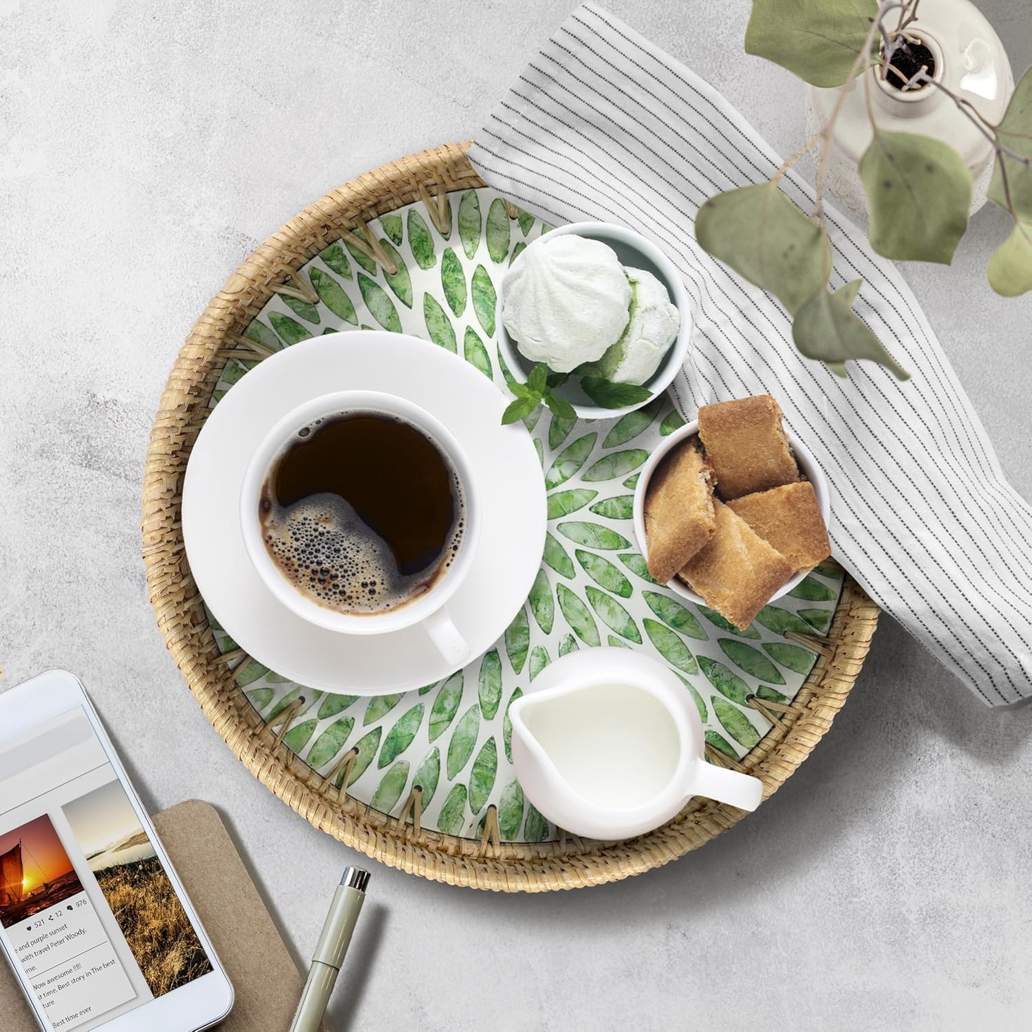 image:imageHOMESTEAD Boho Rattan Serving Tray Round Decorative Wicker Ottoman Tray with Mother of Pearl Inlay for Coffee Table Kitchen and Home Storage Green Leaf
