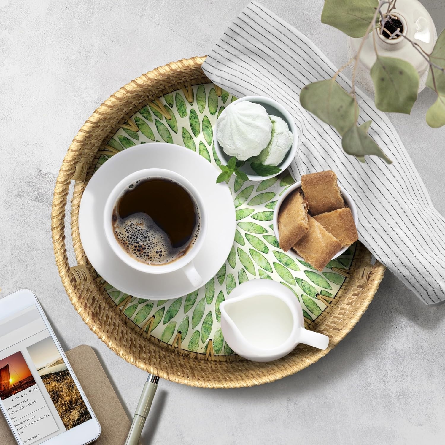 image:imageHOMESTEAD Boho Rattan Serving Tray Round Decorative Wicker Ottoman Tray with Mother of Pearl Inlay for Coffee Table Kitchen and Home Storage Green Leaf Handle