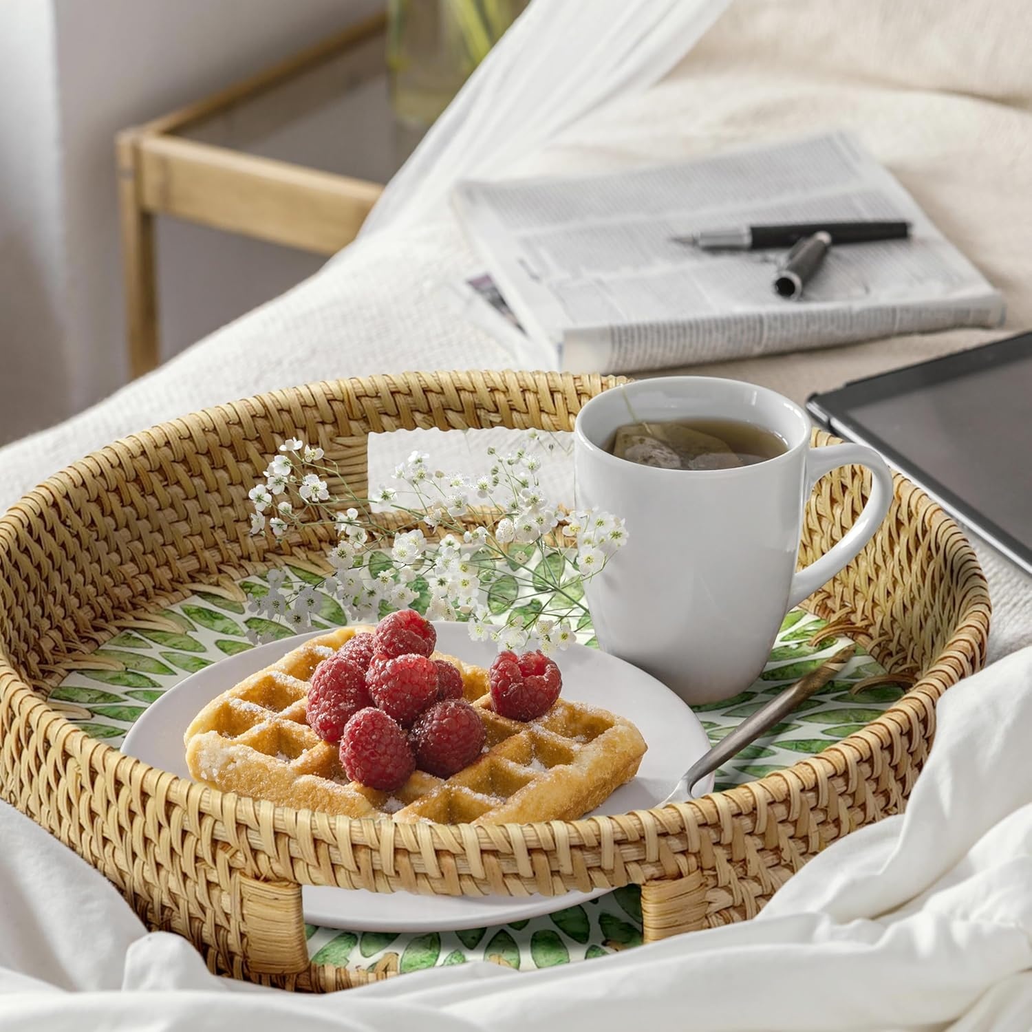 image:imageHOMESTEAD Boho Rattan Serving Tray Round Decorative Wicker Ottoman Tray with Mother of Pearl Inlay for Coffee Table Kitchen and Home Storage Green Leaf Handle