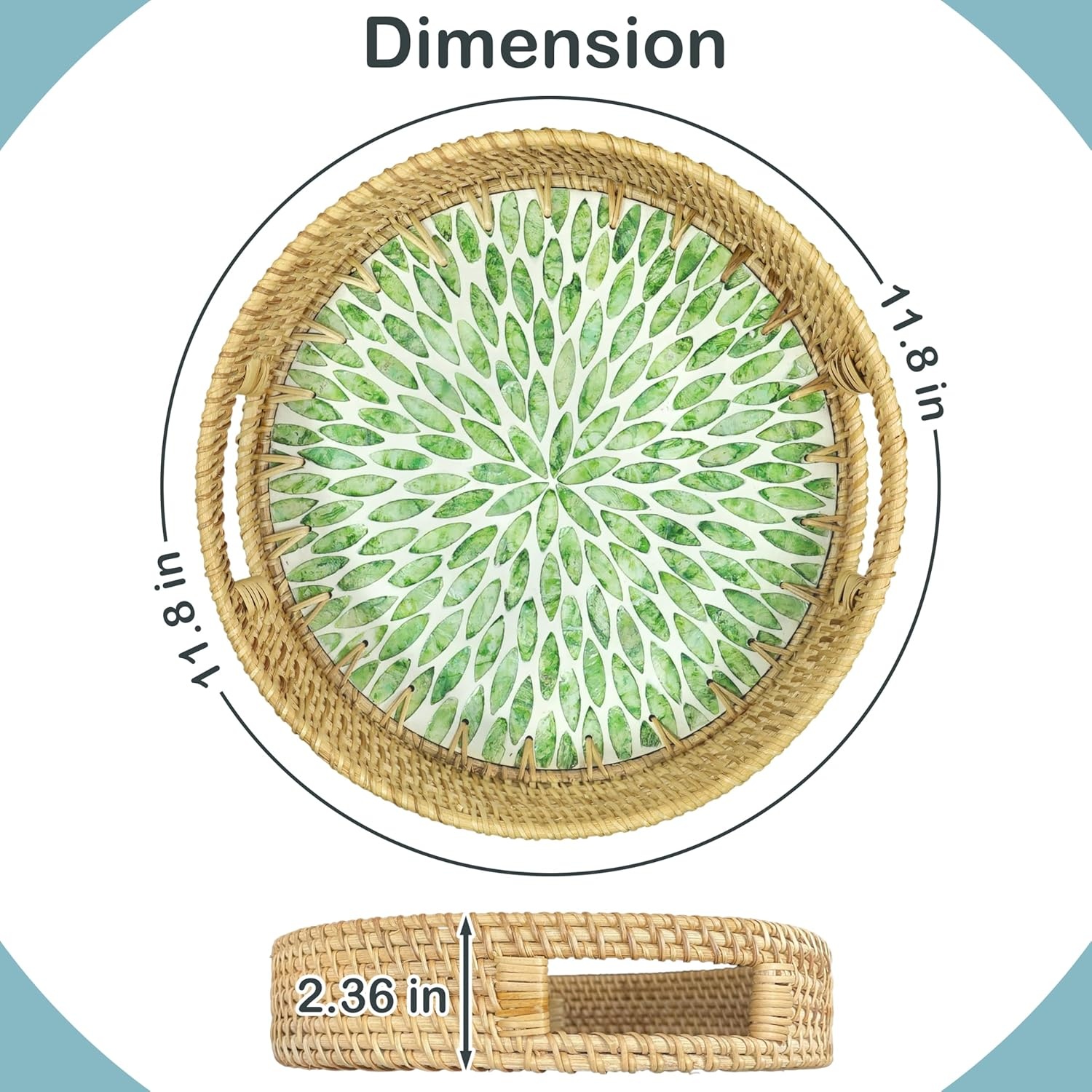 image:imageHOMESTEAD Boho Rattan Serving Tray Round Decorative Wicker Ottoman Tray with Mother of Pearl Inlay for Coffee Table Kitchen and Home Storage Green Leaf Handle