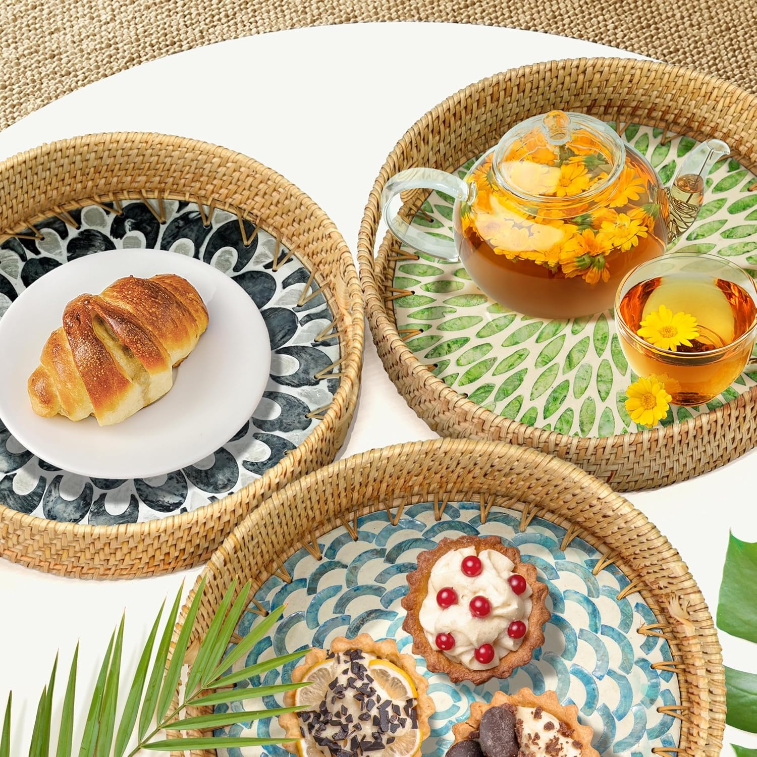 image:imageHOMESTEAD Boho Rattan Serving Tray Round Decorative Wicker Ottoman Tray with Mother of Pearl Inlay for Coffee Table Kitchen and Home Storage Green Leaf Handle