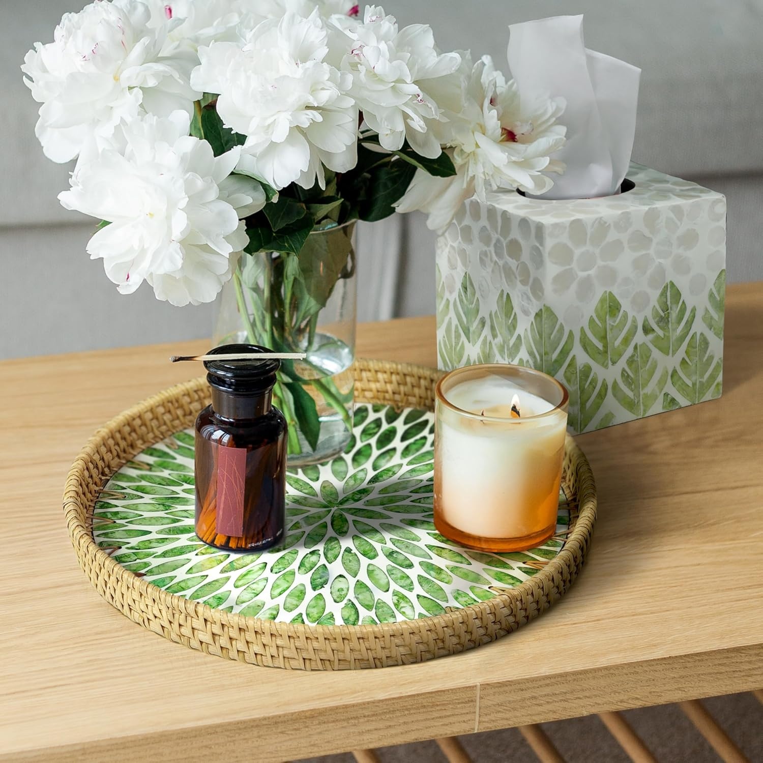 image:imageHOMESTEAD Boho Rattan Serving Tray Round Decorative Wicker Ottoman Tray with Mother of Pearl Inlay for Coffee Table Kitchen and Home Storage Green Leaf