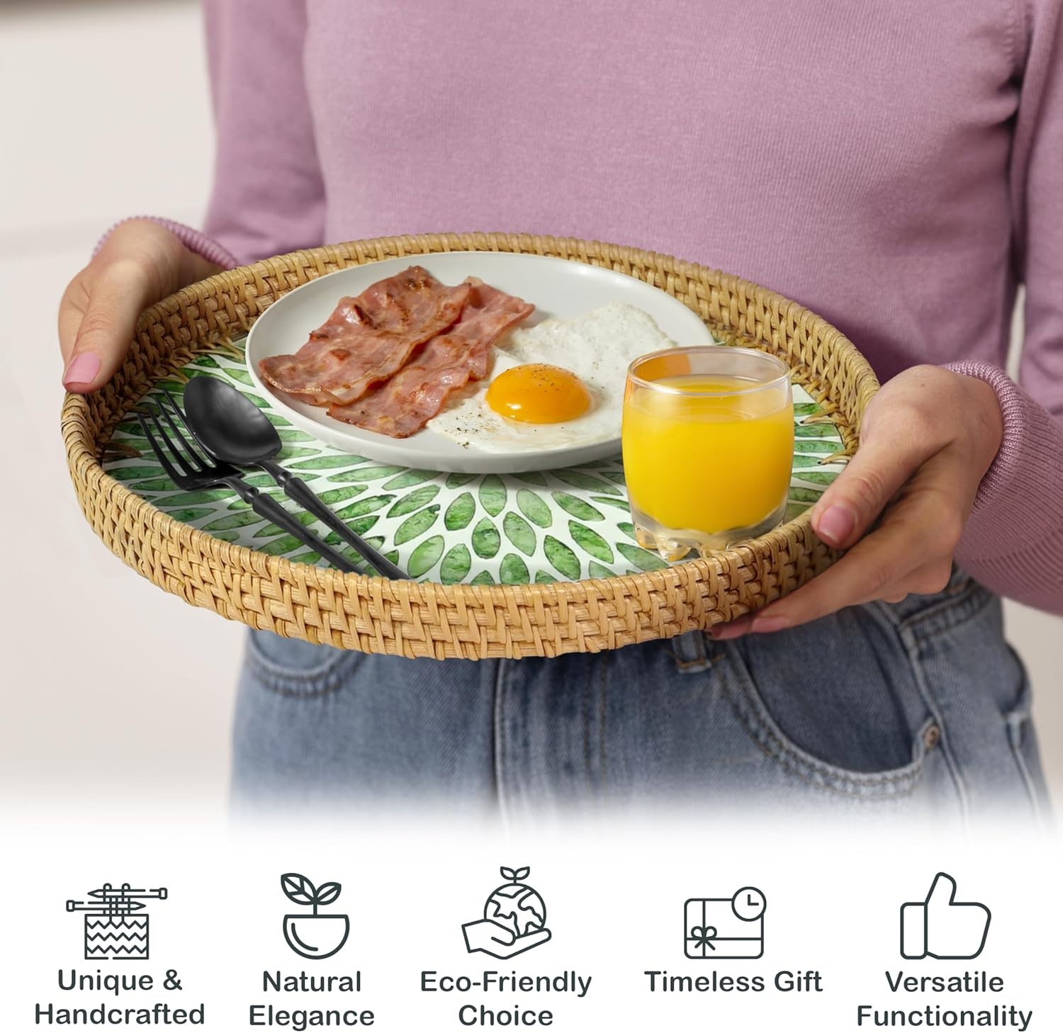 image:imageHOMESTEAD Boho Rattan Serving Tray Round Decorative Wicker Ottoman Tray with Mother of Pearl Inlay for Coffee Table Kitchen and Home Storage Green Leaf