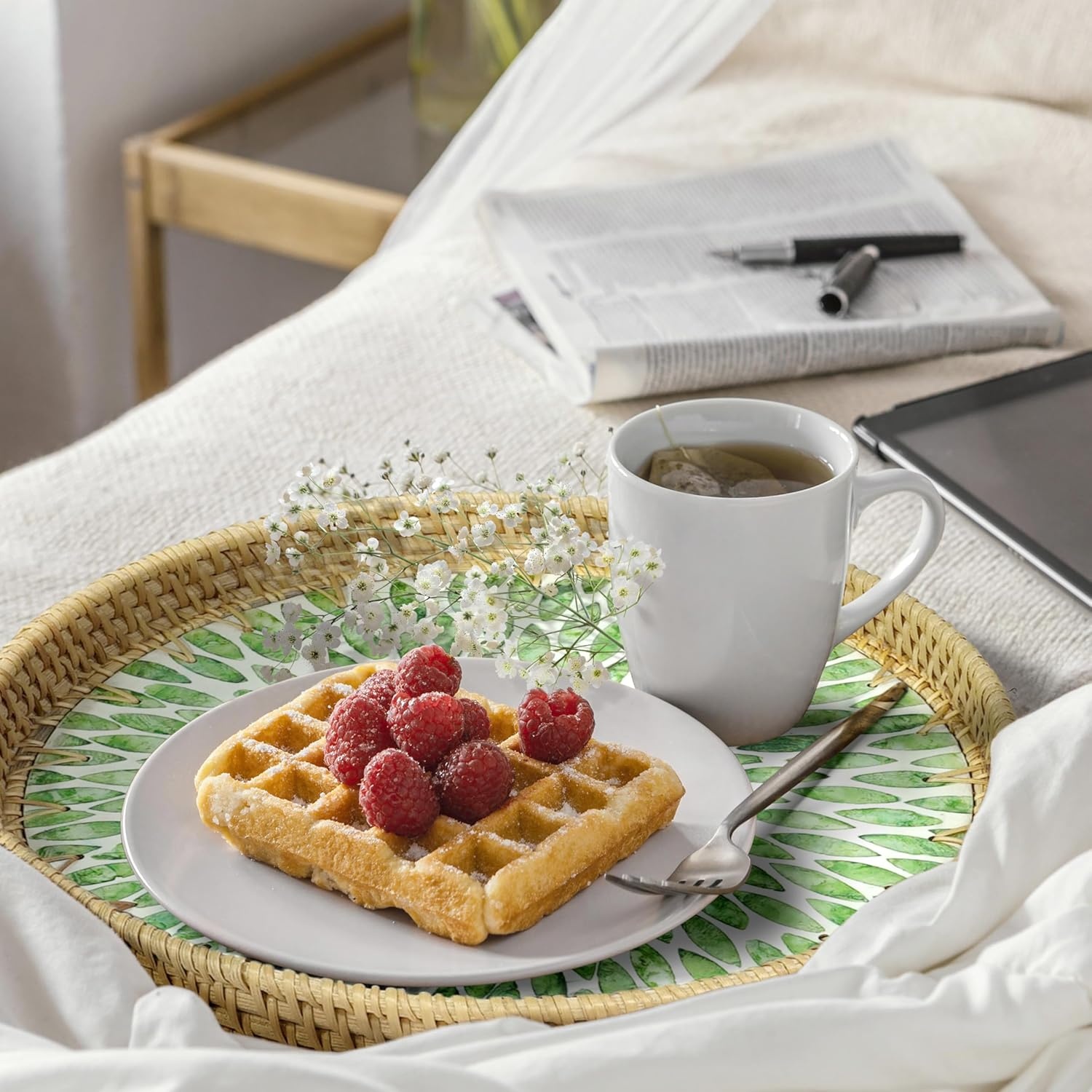 image:imageHOMESTEAD Boho Rattan Serving Tray Round Decorative Wicker Ottoman Tray with Mother of Pearl Inlay for Coffee Table Kitchen and Home Storage Green Leaf