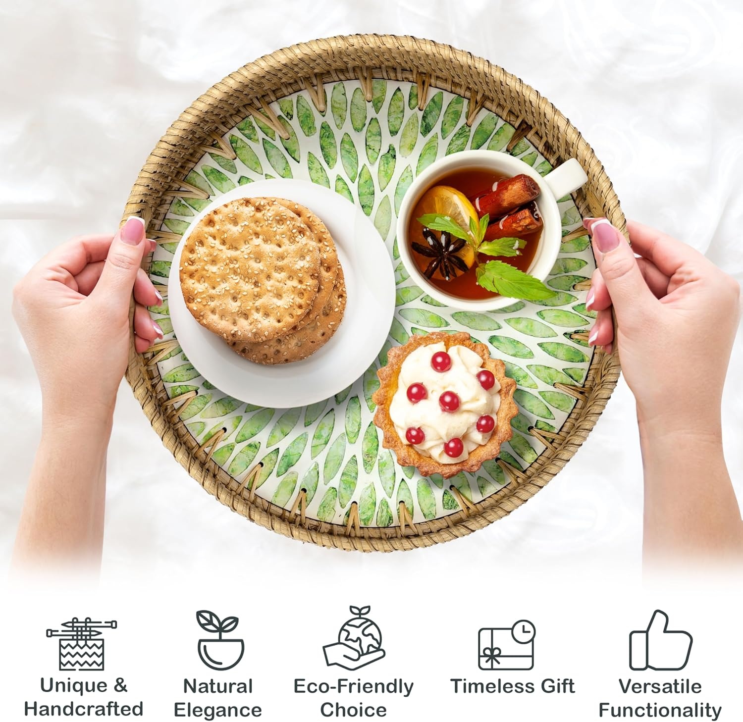 image:imageHOMESTEAD Boho Rattan Serving Tray Round Decorative Wicker Ottoman Tray with Mother of Pearl Inlay for Coffee Table Kitchen and Home Storage Green Leaf Handle