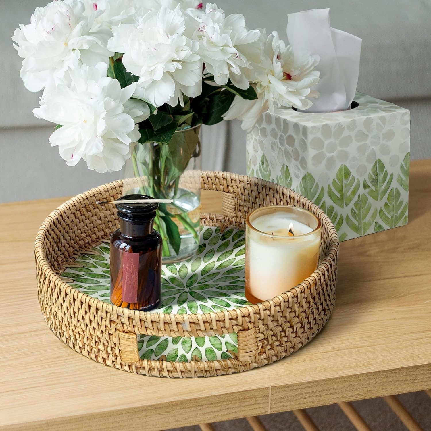 image:imageHOMESTEAD Boho Rattan Serving Tray Round Decorative Wicker Ottoman Tray with Mother of Pearl Inlay for Coffee Table Kitchen and Home Storage Green Leaf Handle