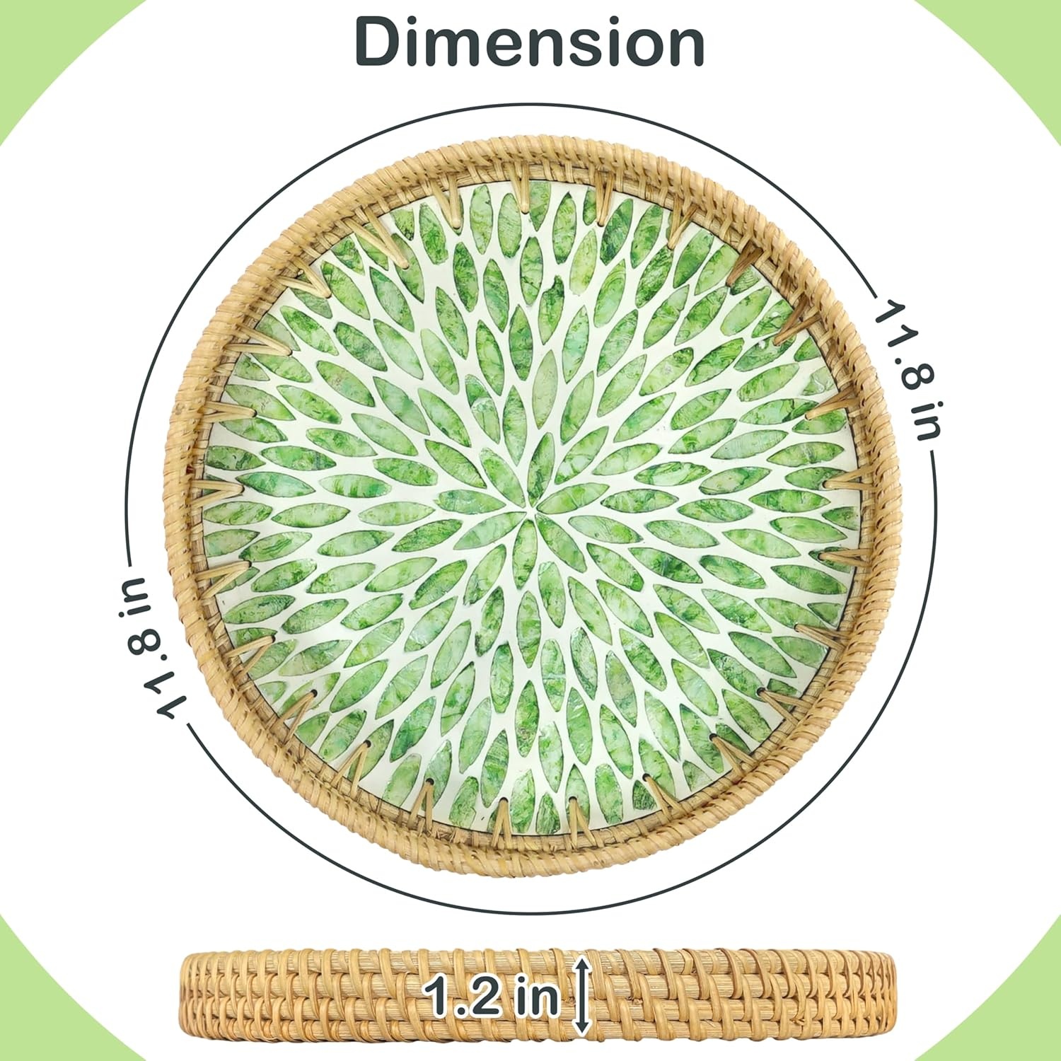 image:imageHOMESTEAD Boho Rattan Serving Tray Round Decorative Wicker Ottoman Tray with Mother of Pearl Inlay for Coffee Table Kitchen and Home Storage Green Leaf