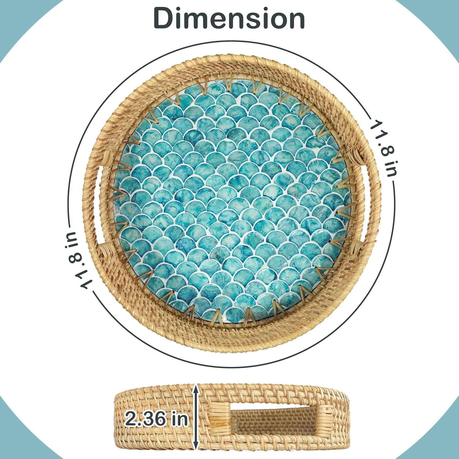 image:imageHOMESTEAD Boho Rattan Serving Tray Round Decorative Wicker Ottoman Tray with Mother of Pearl Inlay for Coffee Table Kitchen and Home Storage Handle Sea Scales