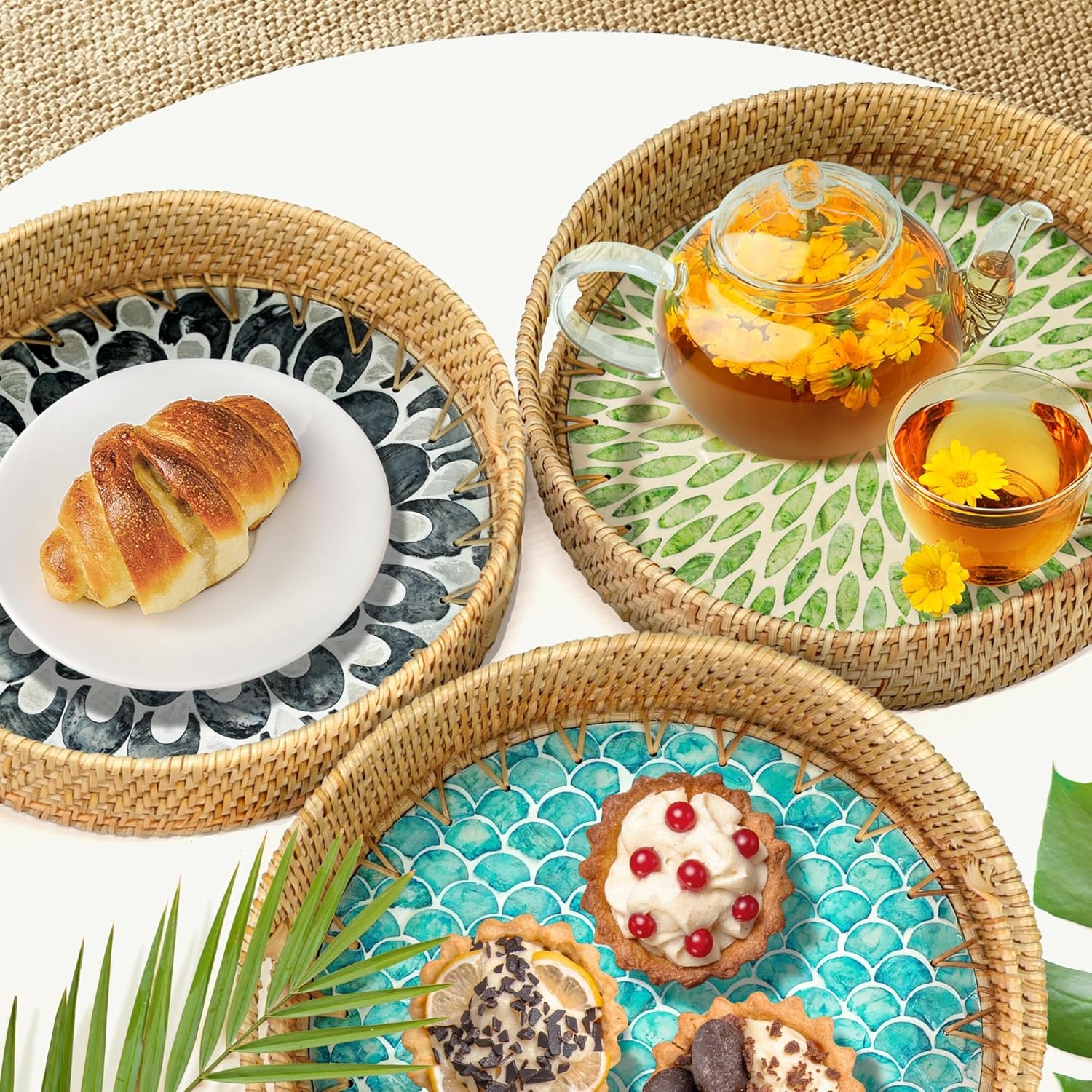 image:imageHOMESTEAD Boho Rattan Serving Tray Round Decorative Wicker Ottoman Tray with Mother of Pearl Inlay for Coffee Table Kitchen and Home Storage Handle Sea Scales