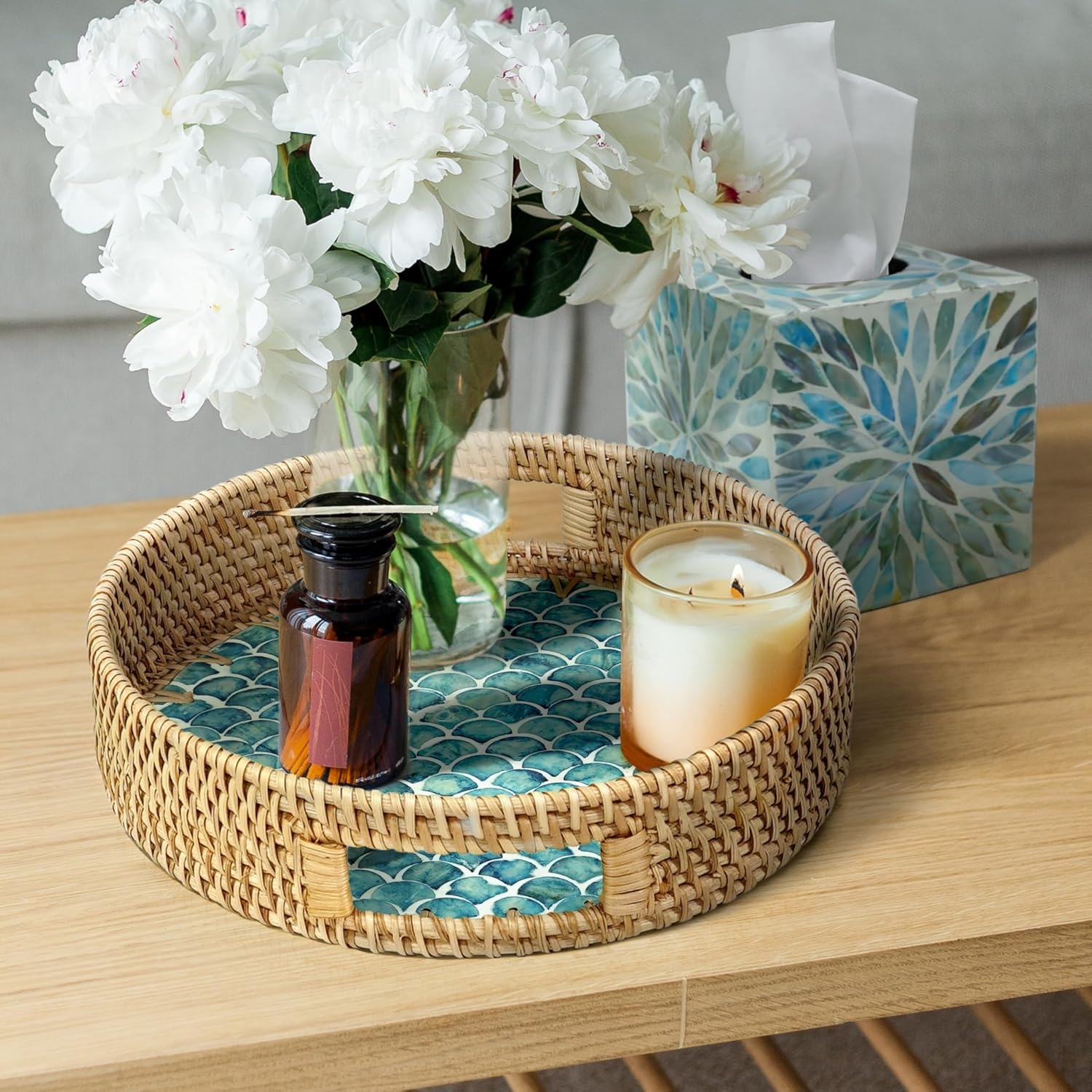 image:imageHOMESTEAD Boho Rattan Serving Tray Round Decorative Wicker Ottoman Tray with Mother of Pearl Inlay for Coffee Table Kitchen and Home Storage Handle Sea Scales