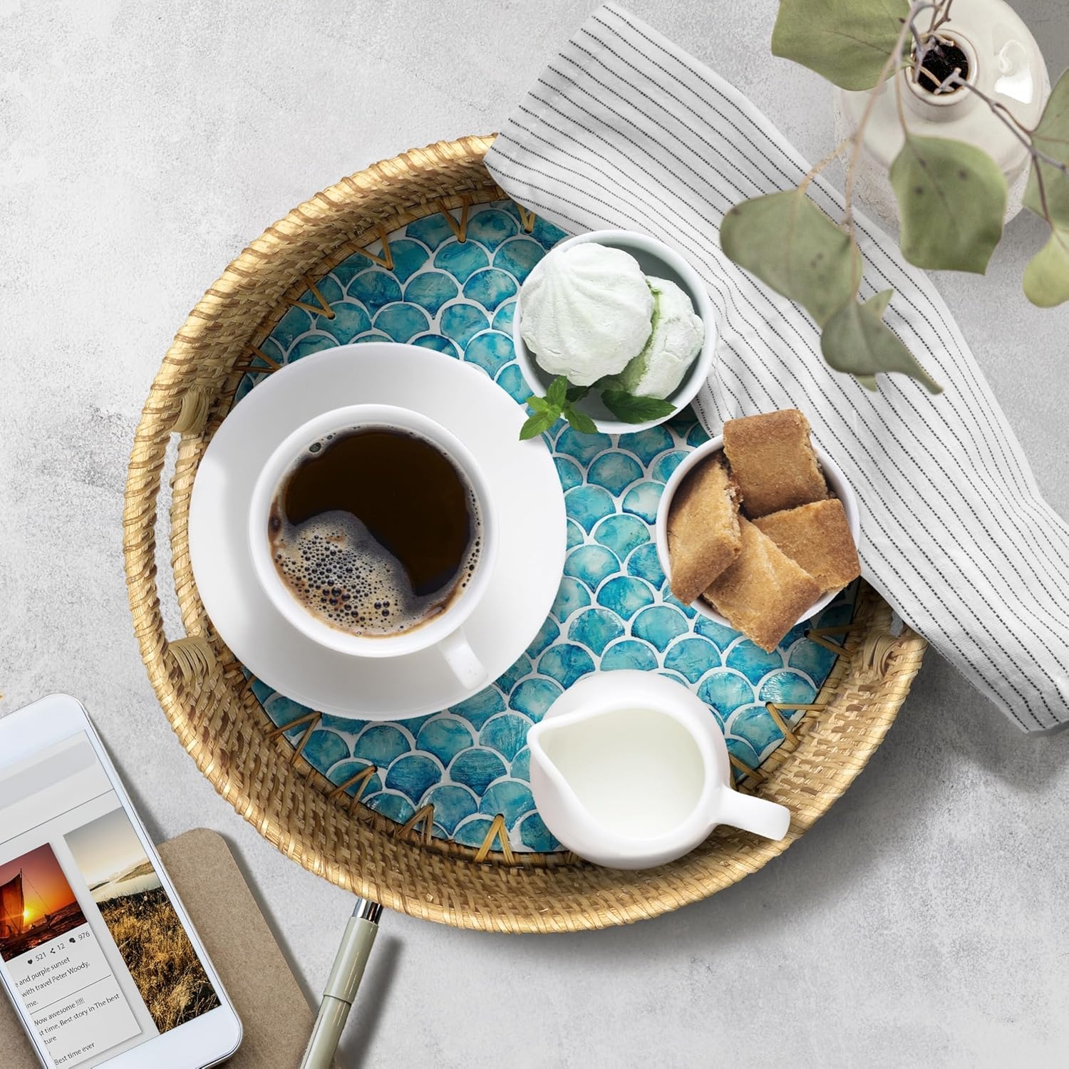 image:imageHOMESTEAD Boho Rattan Serving Tray Round Decorative Wicker Ottoman Tray with Mother of Pearl Inlay for Coffee Table Kitchen and Home Storage Handle Sea Scales