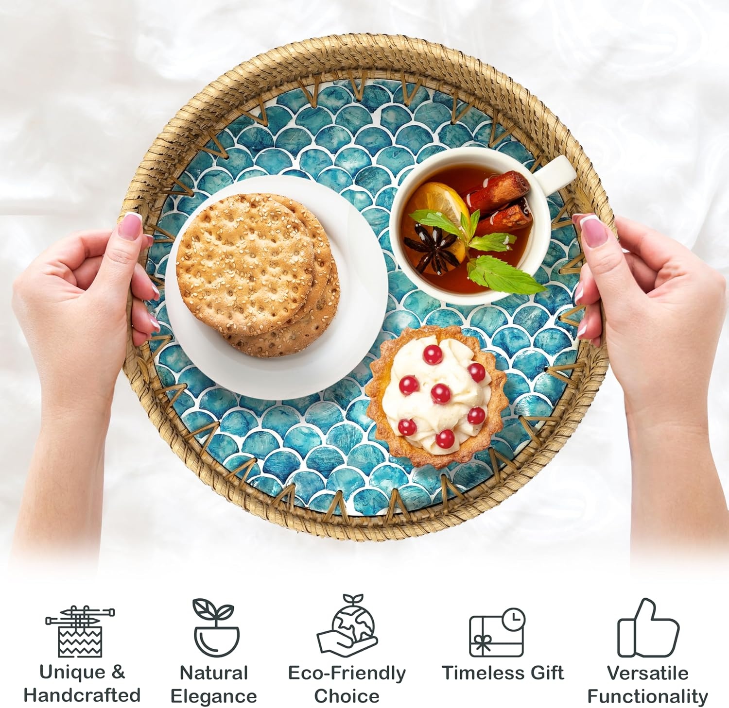 image:imageHOMESTEAD Boho Rattan Serving Tray Round Decorative Wicker Ottoman Tray with Mother of Pearl Inlay for Coffee Table Kitchen and Home Storage Handle Sea Scales
