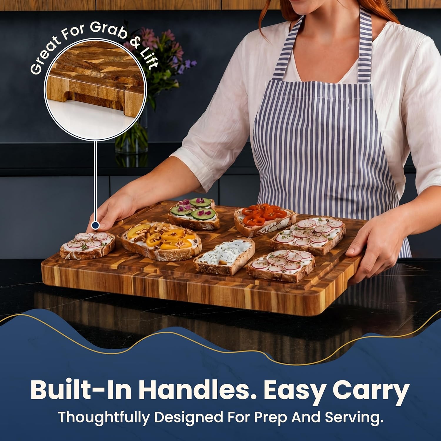 image:imageHOMESTEAD End Grain Acacia Wood Cutting Board for Kitchen 18x14x125 in Large Butcher Block Chopping Board for Meat Vegetables with Juice Groove Sorting Compartments Handles KnifeFriendly SurfaceEnd Grain