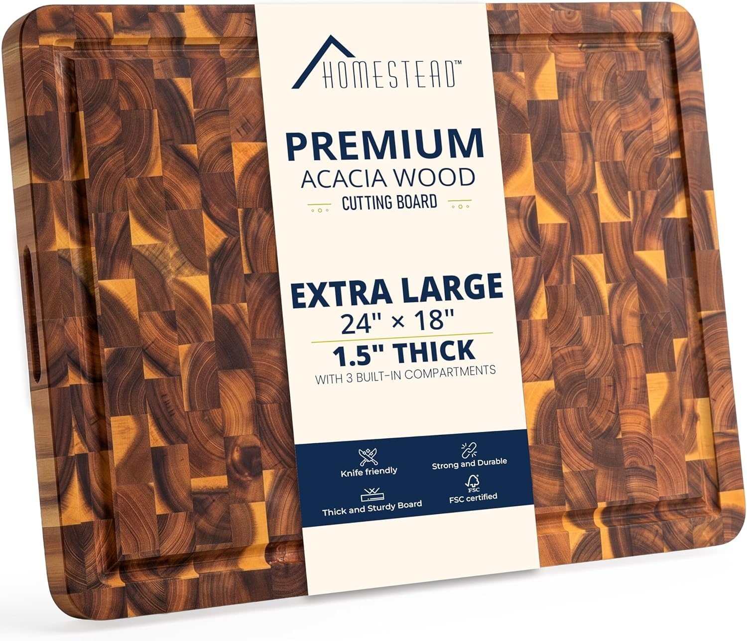 image:imageHOMESTEAD End Grain Acacia Wood Cutting Board for Kitchen 18x14x125 in Large Butcher Block Chopping Board for Meat Vegetables with Juice Groove Sorting Compartments Handles KnifeFriendly SurfaceNatural