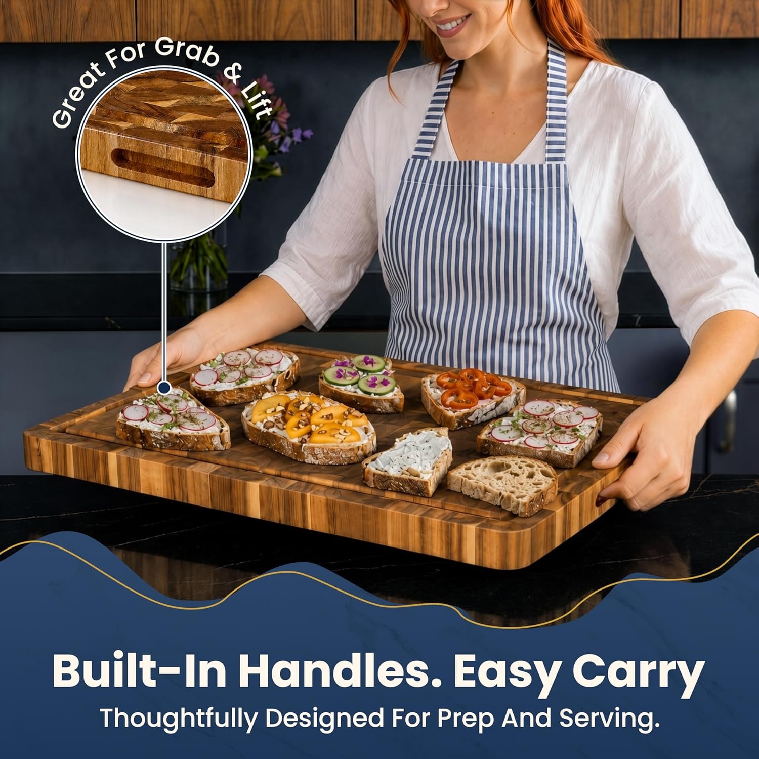 image:imageHOMESTEAD End Grain Acacia Wood Cutting Board for Kitchen 18x14x125 in Large Butcher Block Chopping Board for Meat Vegetables with Juice Groove Sorting Compartments Handles KnifeFriendly SurfaceNatural
